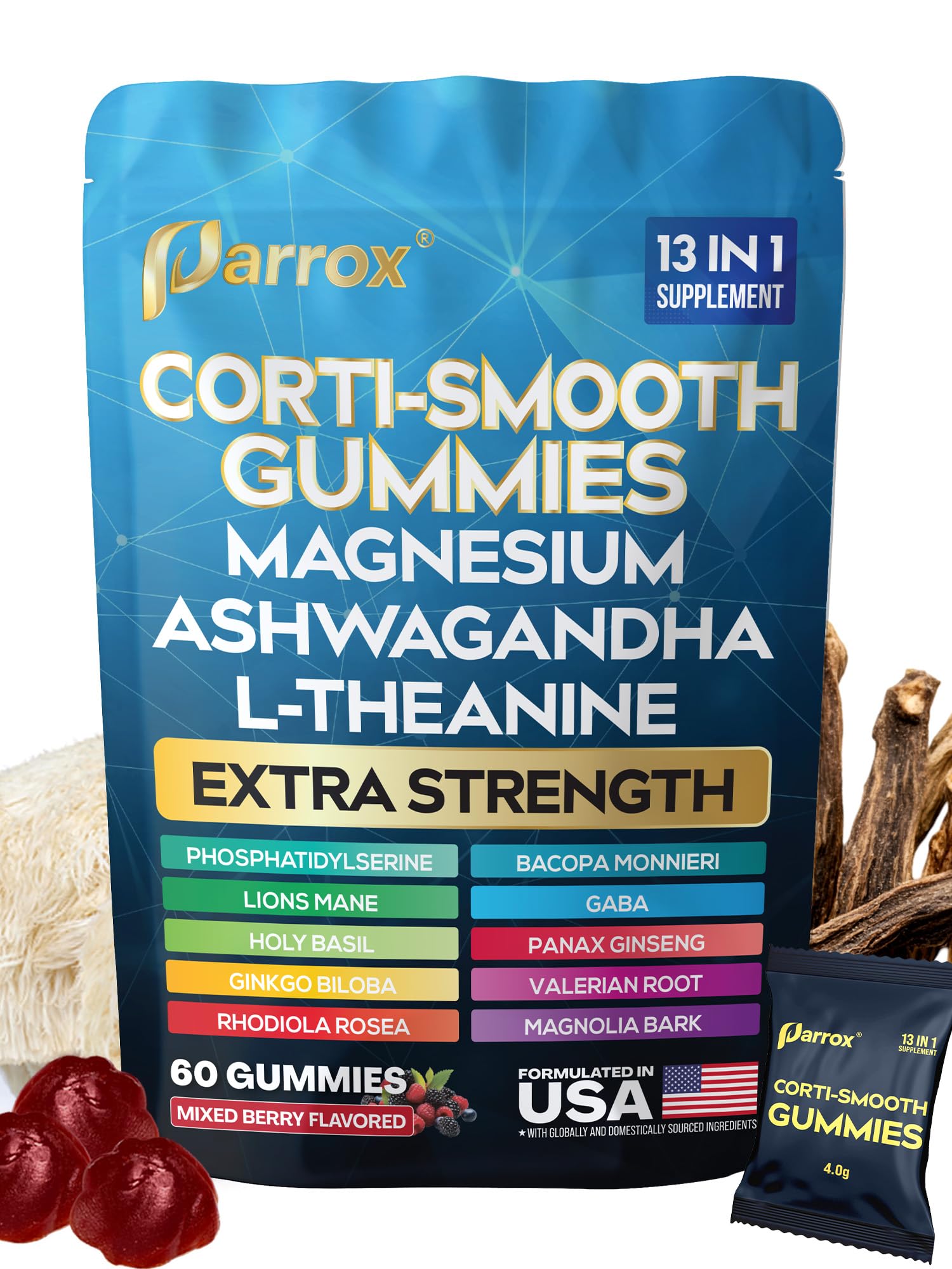 Parrox Corti-Smooth Cortisol Support Gummies with Magnesium, L-Theanine, Ashwagandha, Phosphatidylserine, Bacopa Monnieri, Lions Mane, Ginkgo Biloba, Valerian Root (60 Gummies - Mixed Berry Flavor) Parrox uk supplements