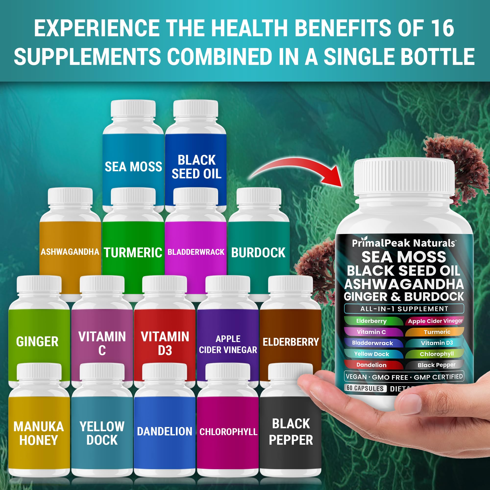 PrimalPeak Naturals Sea Moss Black Seed Oil Ashwagandha Ginger Burdock Bladderwrack Turmeric & Vitamin C Vitamin D3 with ACV Elderberry Chlorophyll Dandelion Yellow Dock Vegan Capsules - 60 Count PrimalPeak Naturals uk supplements