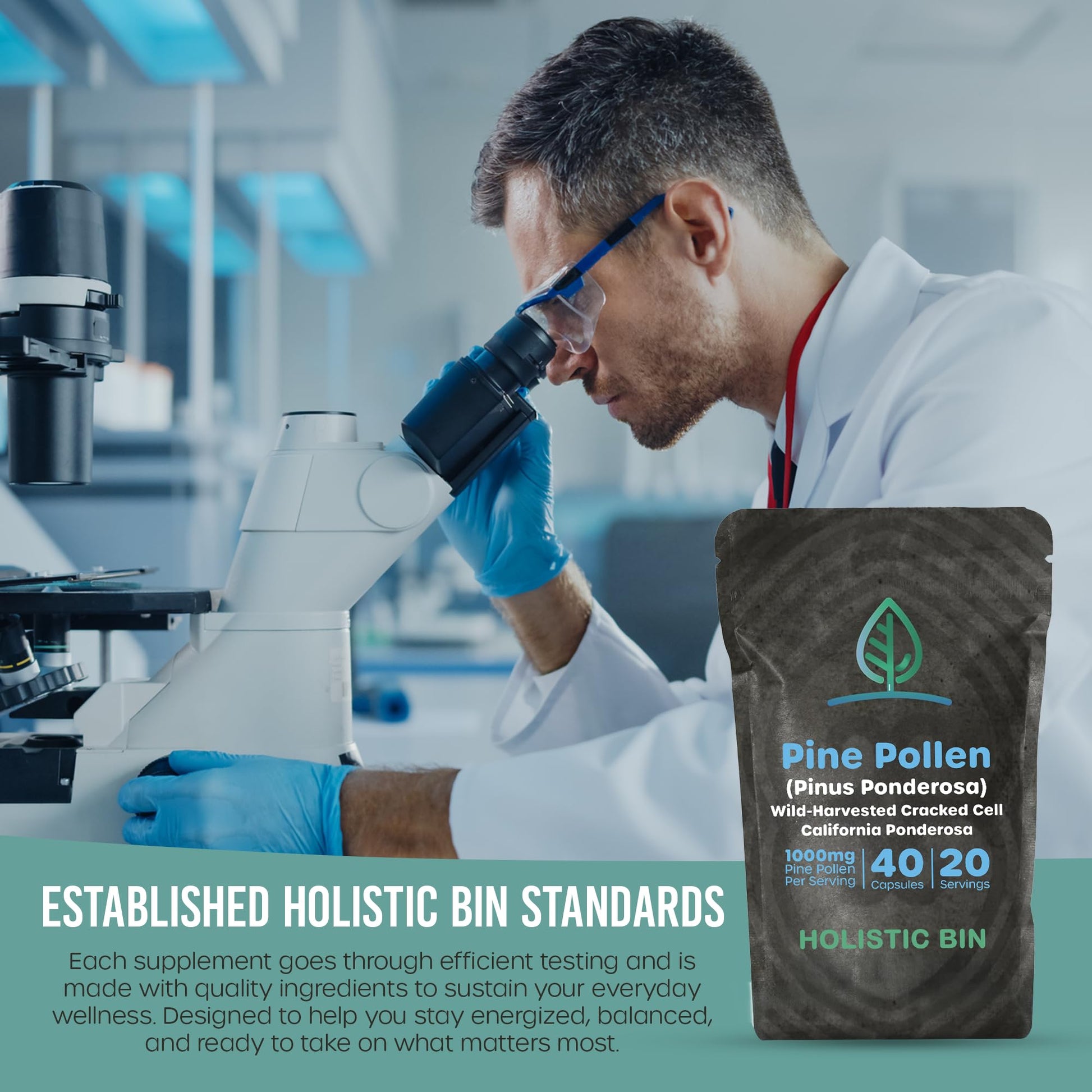 Holistic Bin Pine Pollen Capsules 500mg (Pinus Ponderosa) - Wild Harvested California Ponderosa Pine Pollen Powder - Olympic Grade - Organic, Non-GMO, No Fillers - 30 Day Supply (40 Capsules) Holistic Bin uk supplements