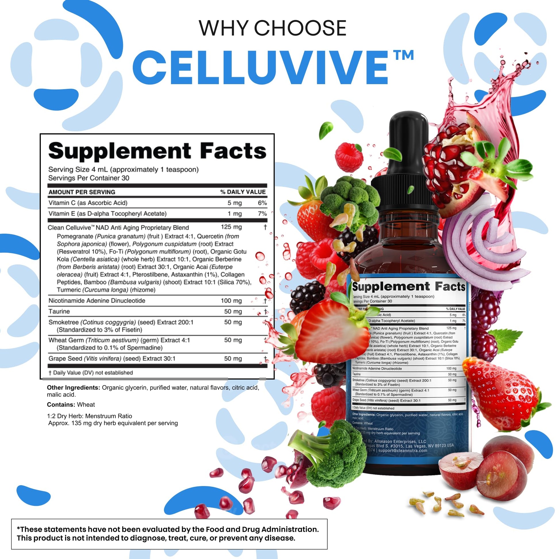 Clean Nutra NAD Liquid Supplement Drops Resveratrol Polyphenols Liposomal Taurine Fisetin Grape Seed Extract Japanese Knotweed Fo Ti Anti Aging NAD+ Nicotinamide Adenine Dinucleotide for Women & Men Clean Nutraceuticals uk supplements