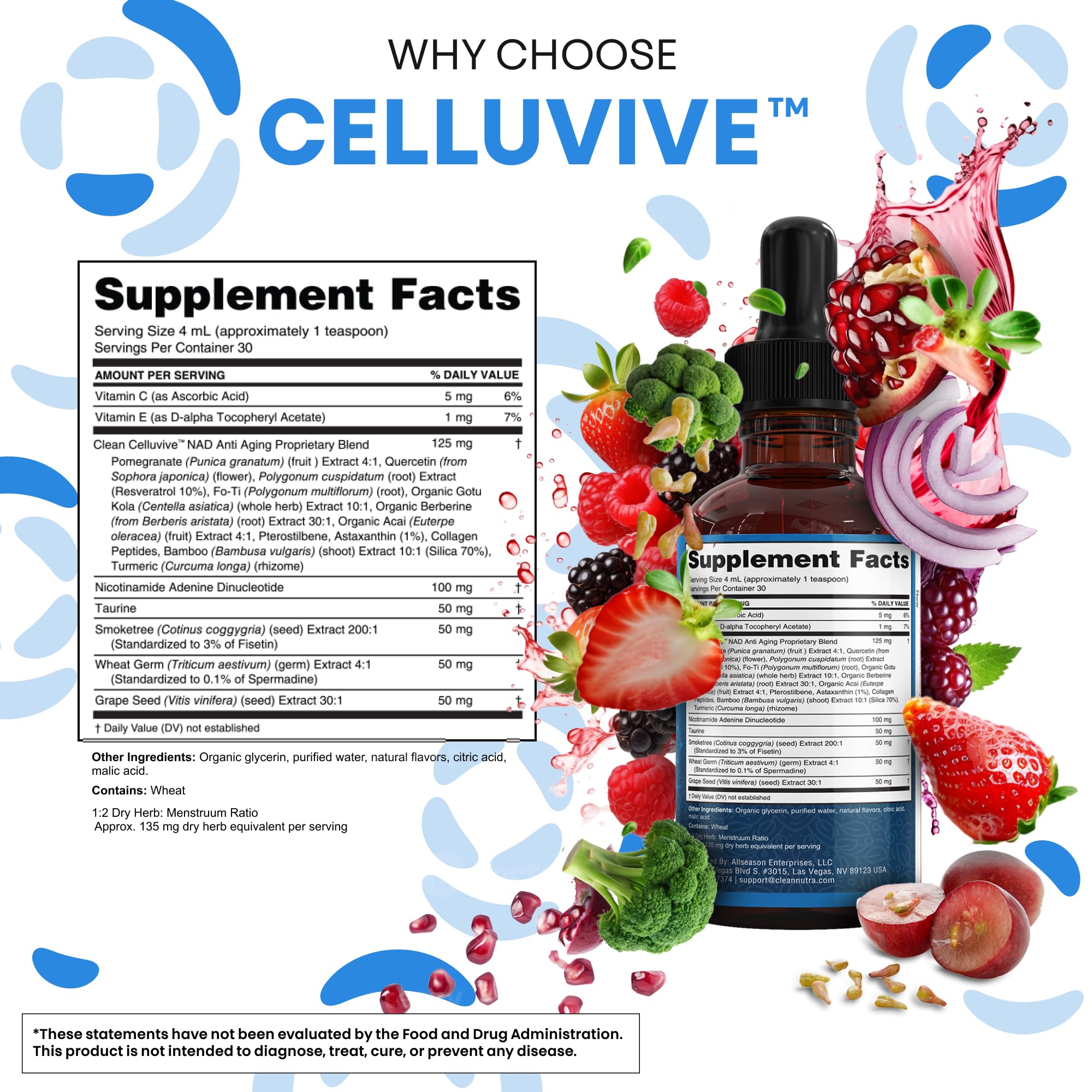 Clean Nutra NAD Liquid Supplement Drops Resveratrol Polyphenols Liposomal Taurine Fisetin Grape Seed Extract Japanese Knotweed Fo Ti Anti Aging NAD+ Nicotinamide Adenine Dinucleotide for Women & Men Clean Nutraceuticals uk supplements