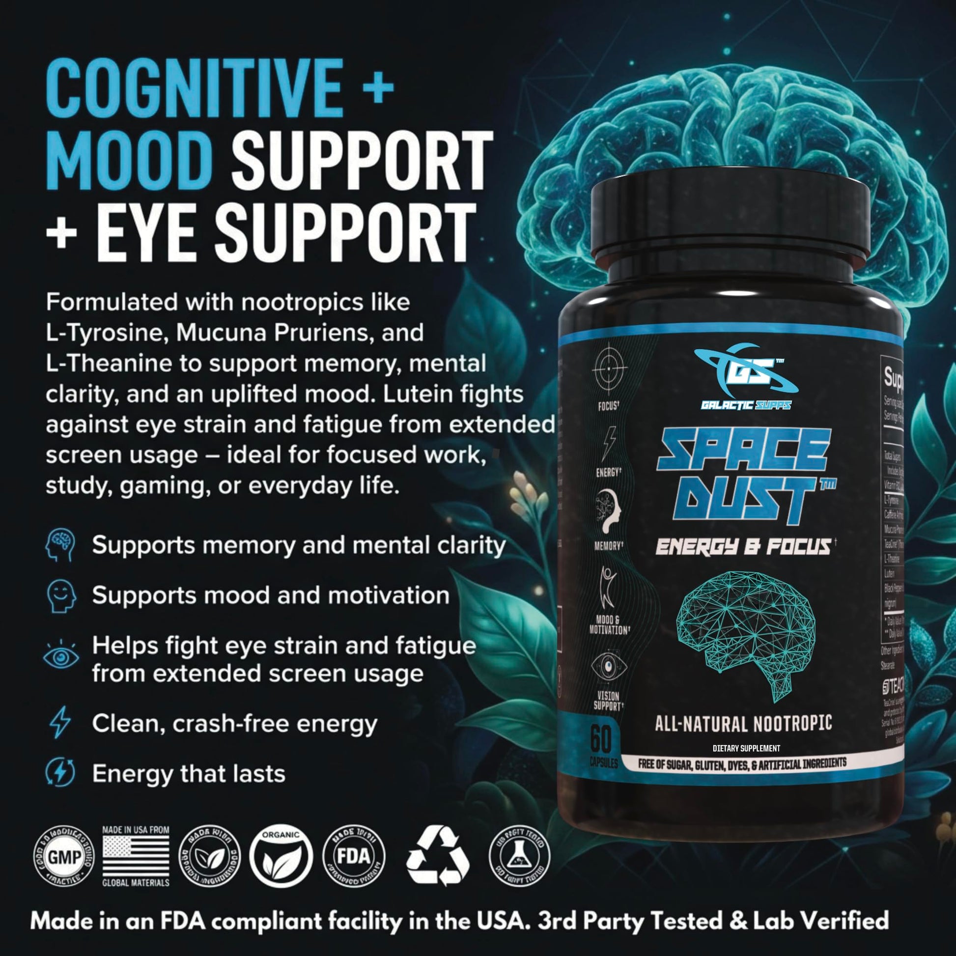 Space Dust Brain Supplements for Memory and Focus – Nootropic Focus Supplement for Brain Health & Mind Boost with TeaCrine, Caffeine, L-Tyrosine, L-Theanine – Cognitive Support Capsules, 60 Count GALACTIC SUPPS uk supplements