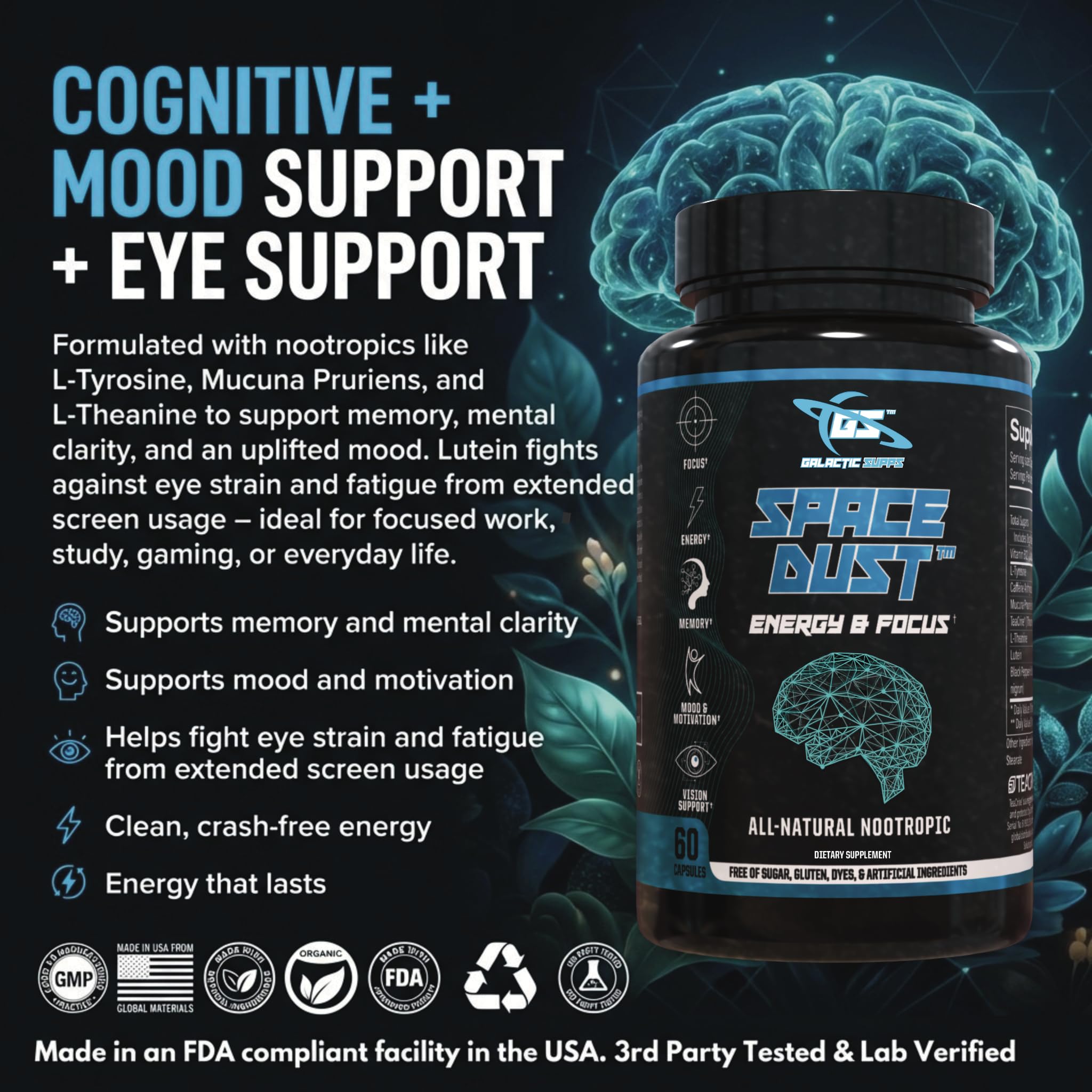 Space Dust Brain Supplements for Memory and Focus – Nootropic Focus Supplement for Brain Health & Mind Boost with TeaCrine, Caffeine, L-Tyrosine, L-Theanine – Cognitive Support Capsules, 60 Count GALACTIC SUPPS uk supplements