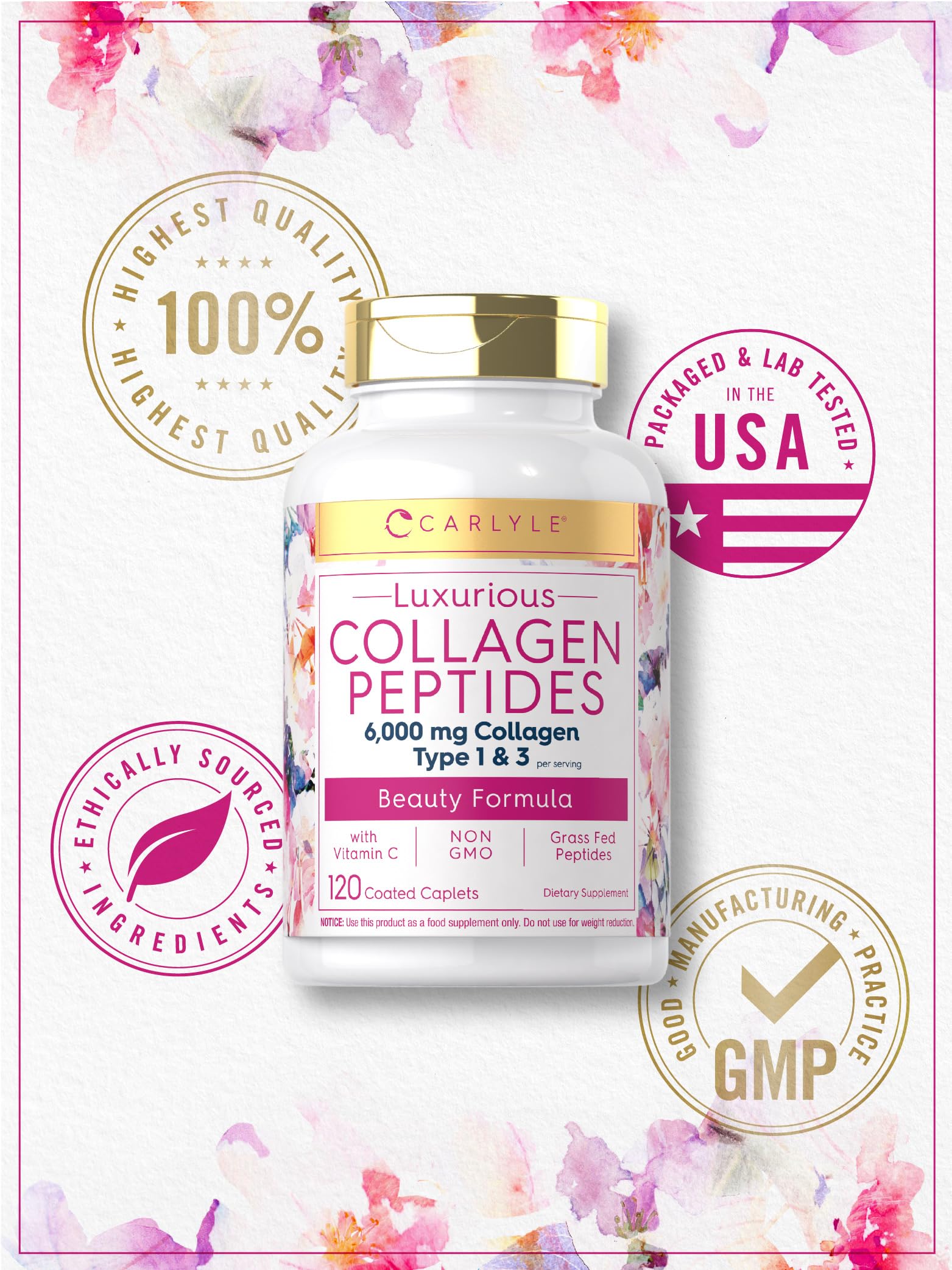 Carlyle Collagen with Vitamin C | 6000mg | 120 Caplets | Multi Collagen Peptide Pills Carlyle uk supplements