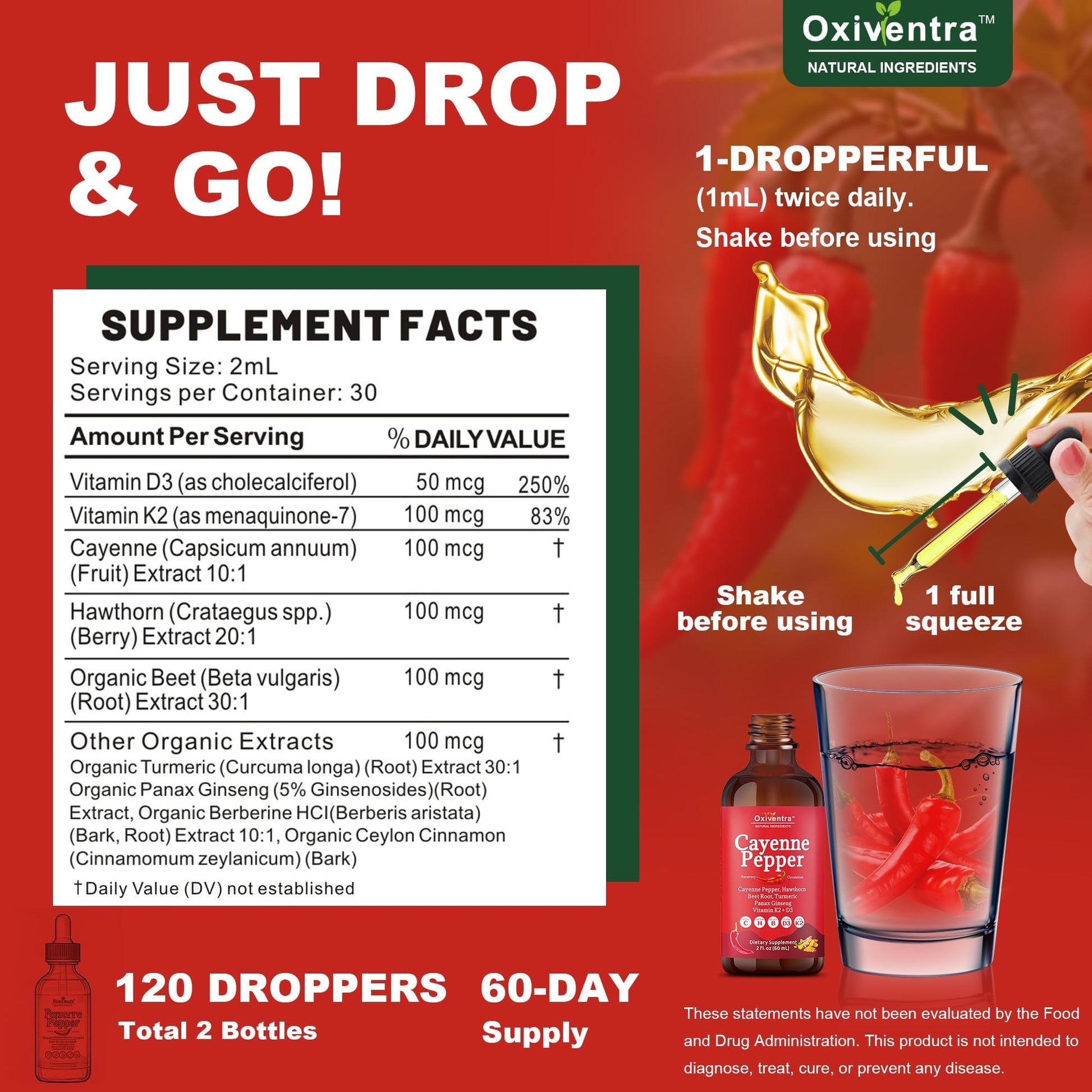 Cayenne Pepper Drops Liquid Supplement Smooth & Sweet Herbal Liquid + Hawthorn Berry, Vitamin D3 K2 Beet Root Powder, Ceylon Cinnamon, Turmeric Curcumin, Organic Panax Ginseng - 2fl oz Oxiventra uk supplements
