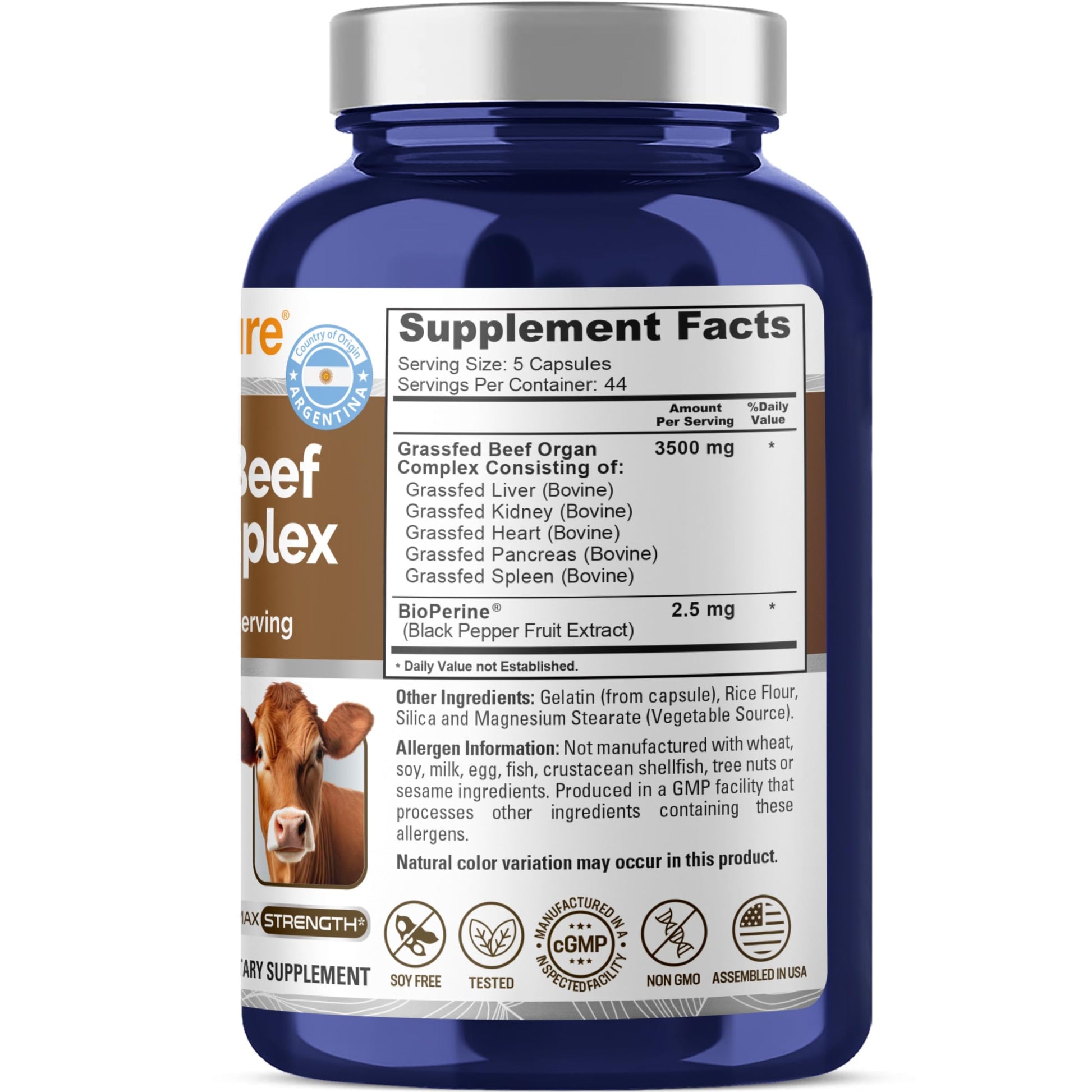 NusaPure Grass Fed Beef Organ Complex | 220 Capsules | Pasture Raised | with Desiccated Liver, Kidney, Pancreas, Heart, Spleen | Soyfree Non-GMO, Bioperine NusaPure uk supplements