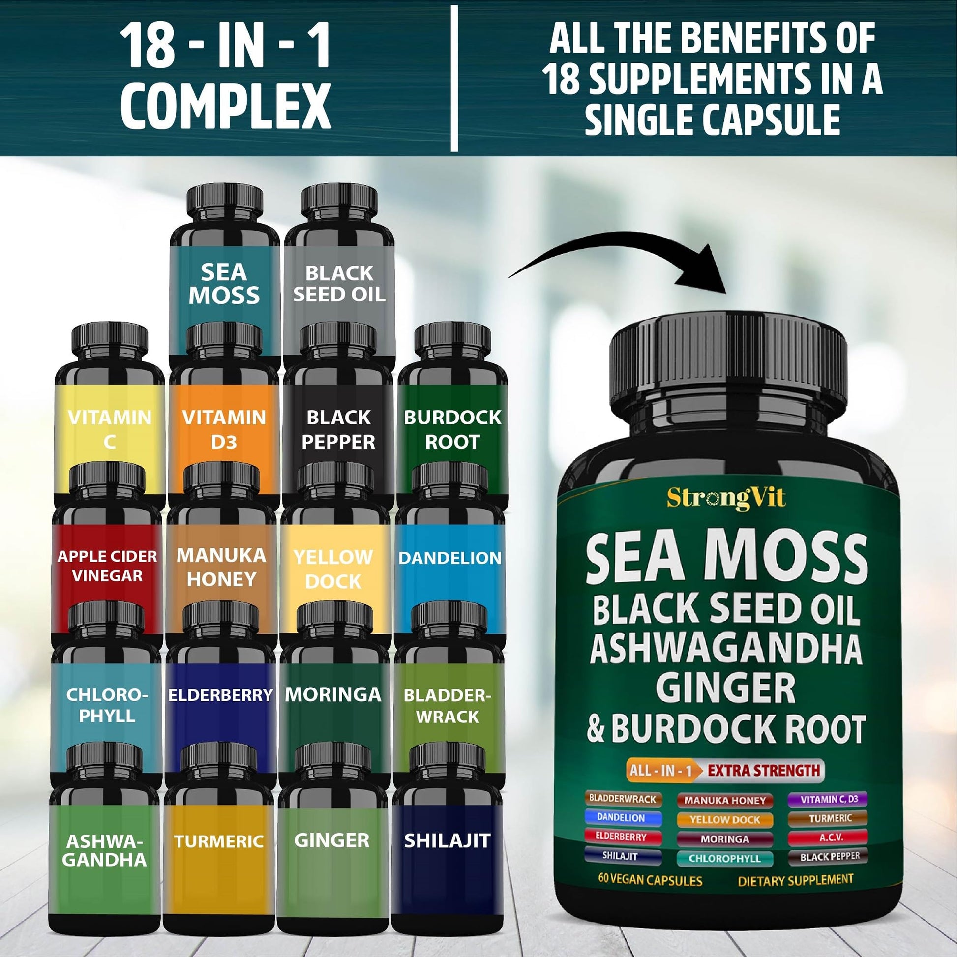 StrongVit Sea Moss Black Seed Oil Ashwagandha Ginger, Organic Sea Moss Capsules with Burdock Root, Irish Seamoss Pills with Bladderwrack, Advanced Multimineral Supplement, USA StrongVit uk supplements