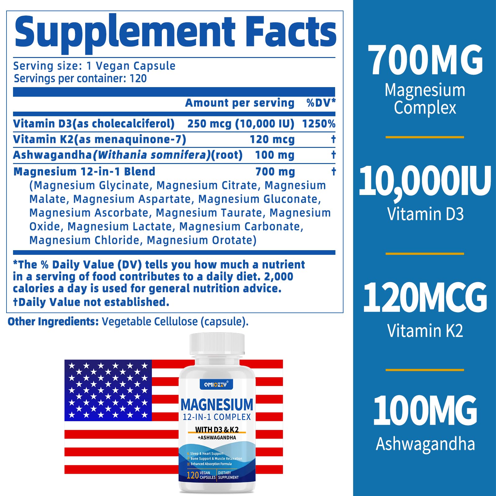 Magnesium Complex 12 in 1 Supplement for Women & Men 700mg, Magnesium Glycinate with Vitamin D3 K2, Citrate Malate Oxide Taurate Aspartate Orotate, for Relaxation, Heart, Energy, Muscle, 120 Capsules Qmiozzy uk supplements
