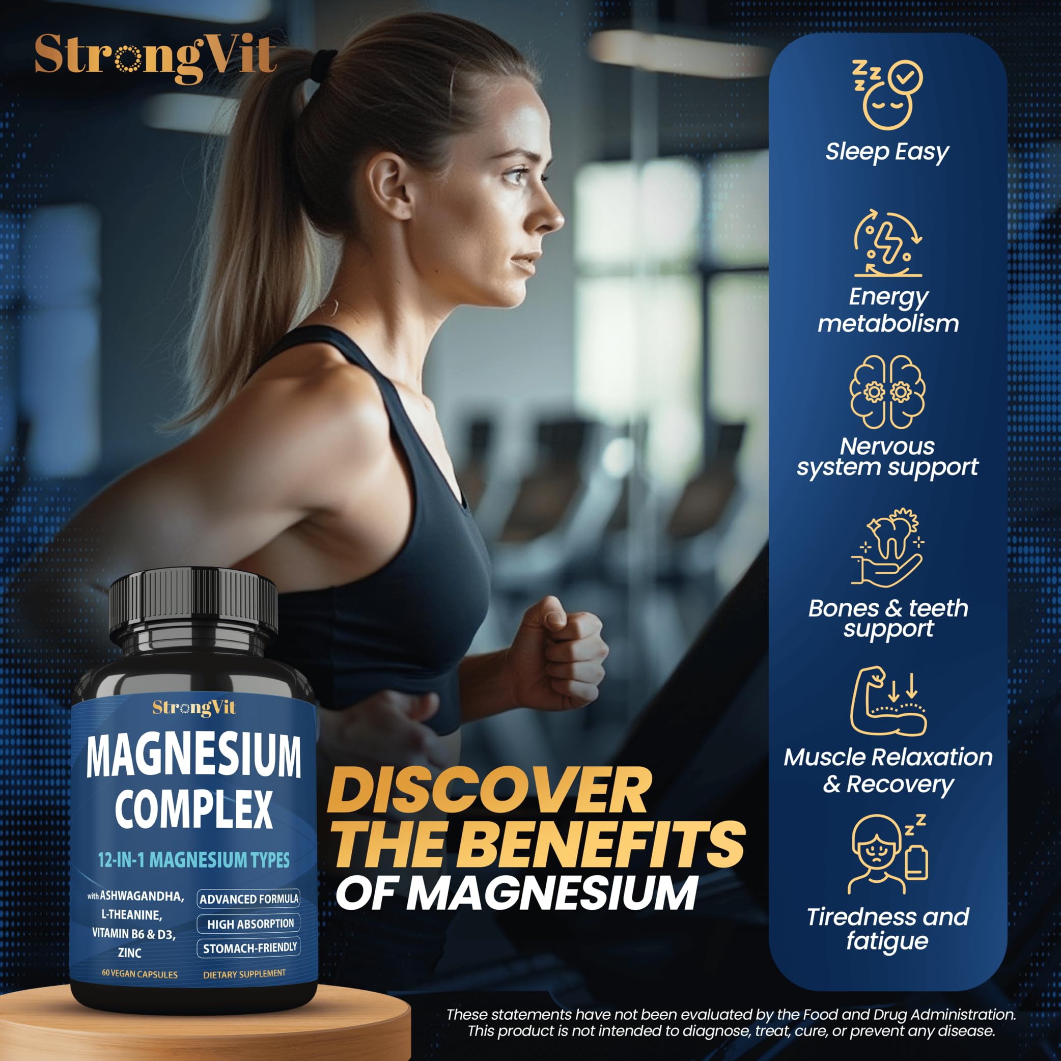 1000mg Magnesium Complex for Women and Men, 12 in 1 Magnesium Supplement with Ashwagandha, Zinc, D3, L-theanine. Easy to Swallow, High Absorption, Sleep Support & Stress Relief (60 Capsules) StrongVit uk supplements