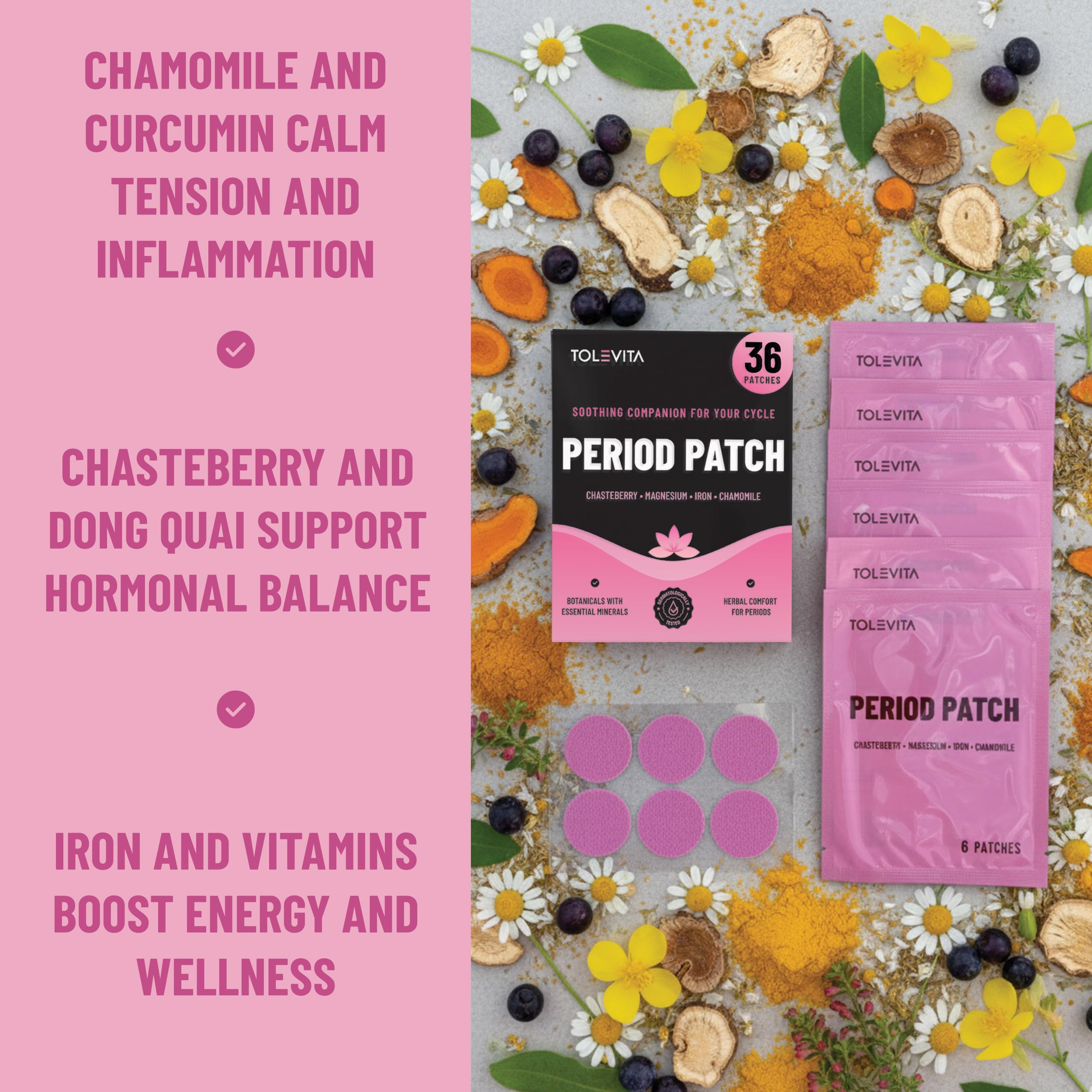 TOLEVITA Period Relief Patches 36 Pcs – Herbal Cramp Support with Chasteberry, Magnesium, Evening Primrose, Dong Quai, Curcumin, Vitamins B6 & E, Iron, Chamomile – Hormonal Balance & Menstrual Comfort TOLEVITA uk supplements