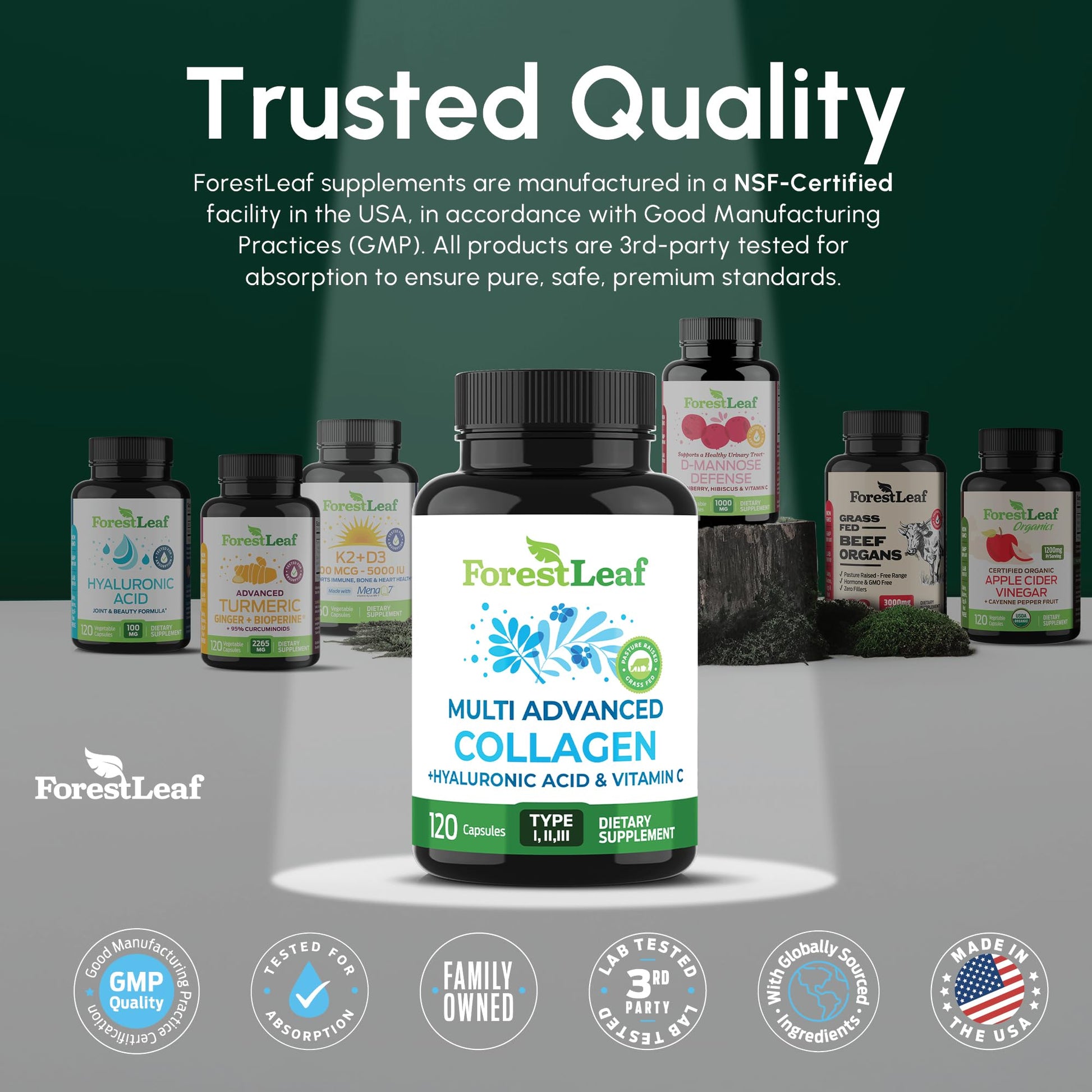 ForestLeaf Multi Collagen Pills with Hyaluronic Acid + Vitamin C | Hydrolyzed Collagen Supplements for Women or Men | Multi Collagen Capsules Peptides for Skin, Wrinkles, 120 Caps ForestLeaf uk supplements