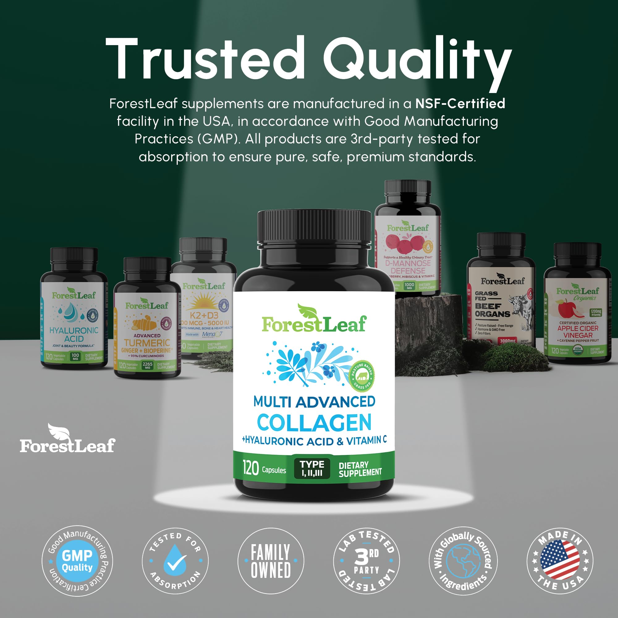 ForestLeaf Multi Collagen Pills with Hyaluronic Acid + Vitamin C | Hydrolyzed Collagen Supplements for Women or Men | Multi Collagen Capsules Peptides for Skin, Wrinkles, 120 Caps ForestLeaf uk supplements