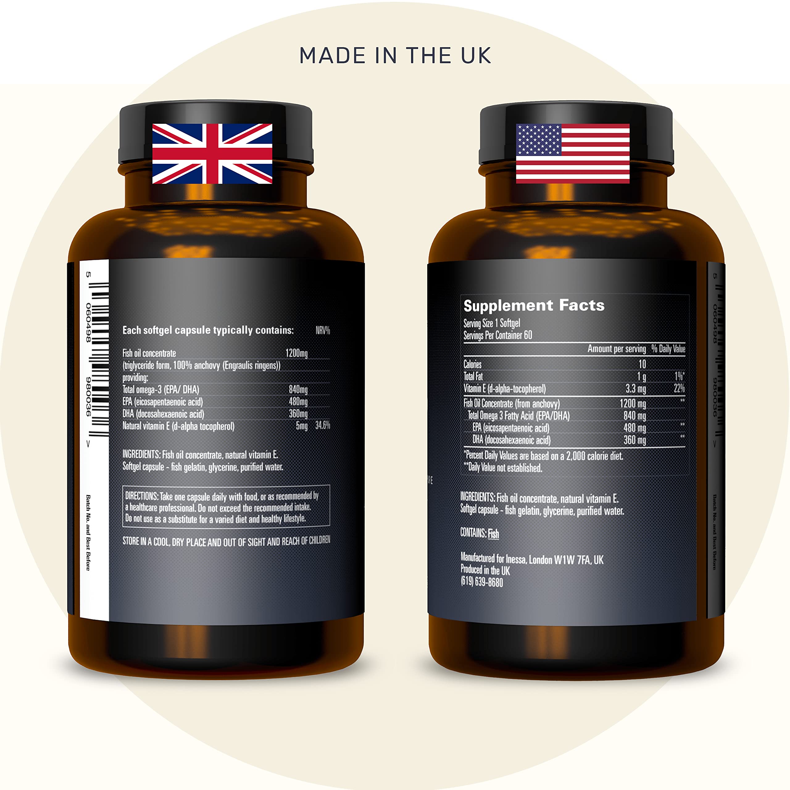 Omega 3 Fish Oil 1200mg (480mg EPA/360mg DHA per capsule) High Strength, Ultra Pure Inessa uk supplements