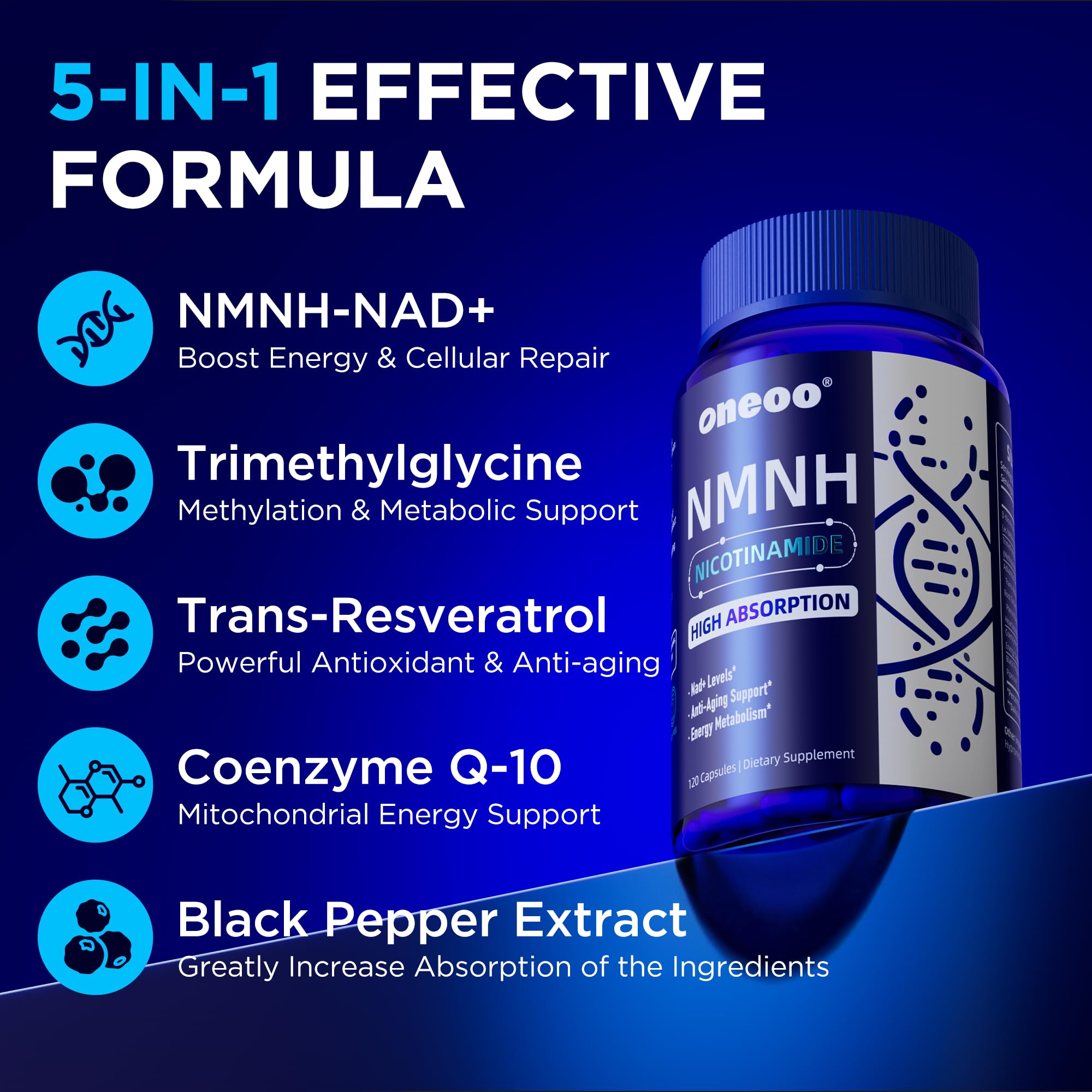 Oneoo NMNH Supplement with NAD Supplement Maximum Potency with Resveratrol & Pterostilbene, CoQ10 & Black Pepper, for Cellular Energy, Anti-Aging Support, Sirtuin Activation & Methylation Support, 120 Oneoo uk supplements