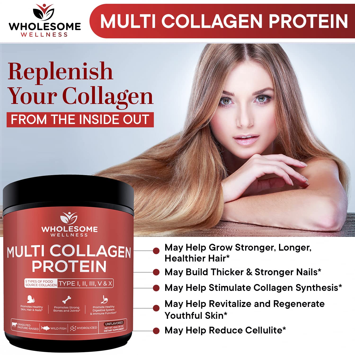 Multi Collagen Protein Powder Hydrolyzed (Type I II III V X) Grass-Fed All-in-One Super Wholesome Wellness uk supplements