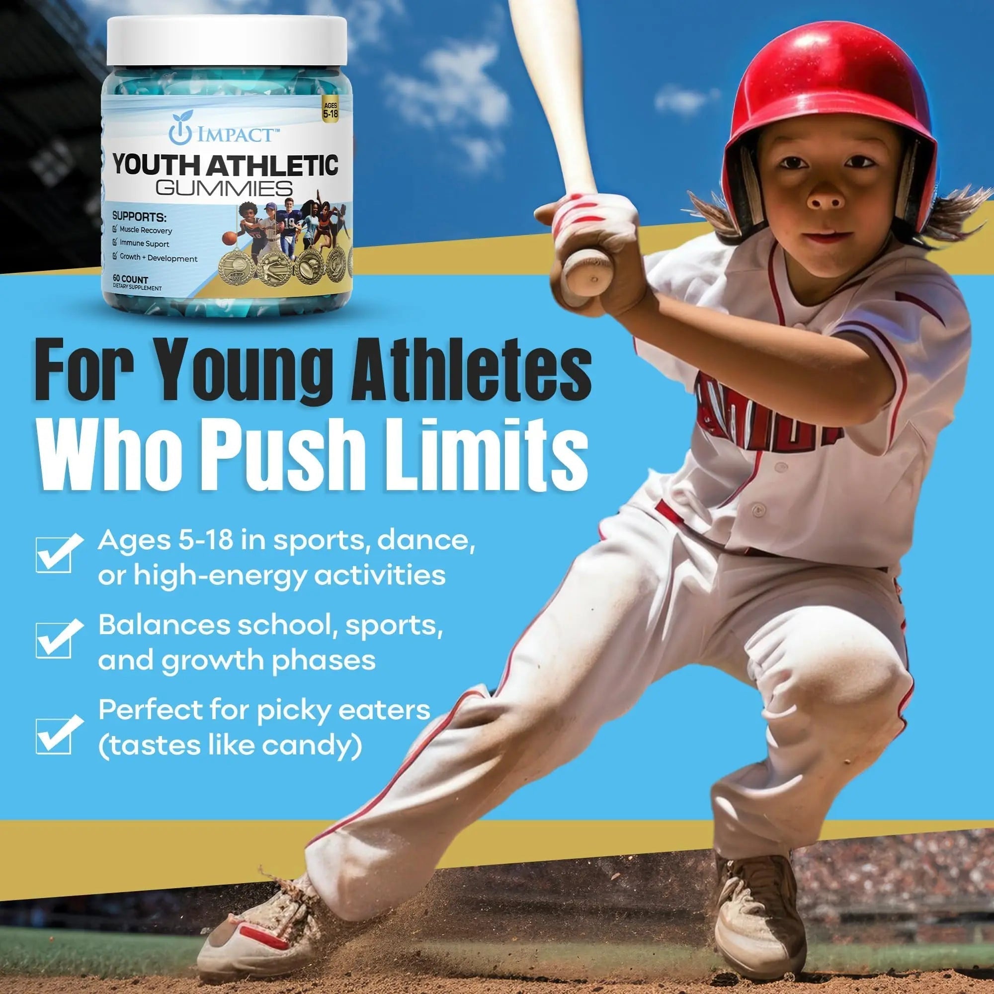 Youth Athletic Gummies – Kids Multivitamin Gummies with Essential Nutrients, Immune & Energy Support, Vegan & Gelatin-Free IMPACT uk supplements