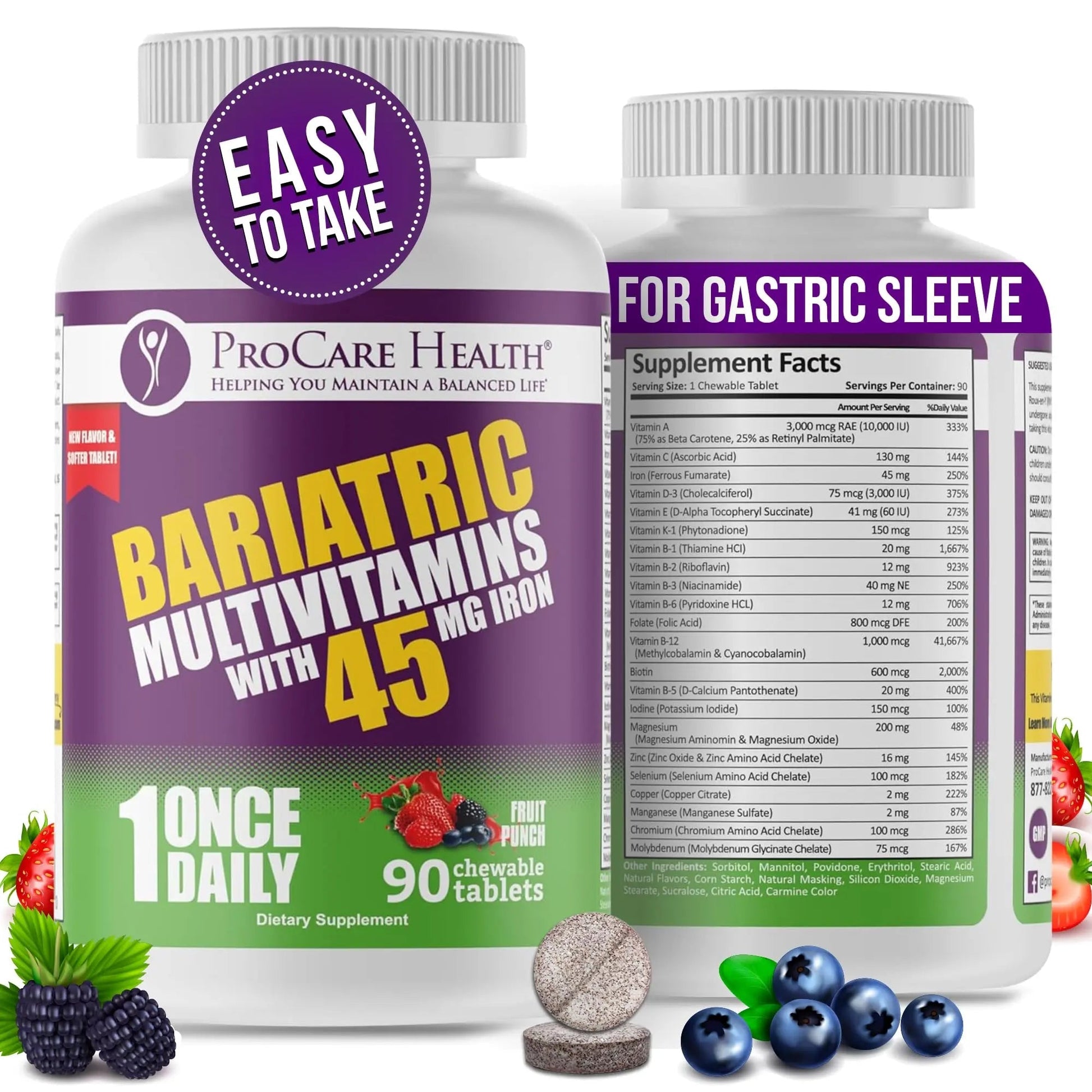 Procare Health Bariatric Multivitamin with Iron 45mg Chewable (90 Tablets) - Fruit Punch Flavor Bariatric Multivitamin Chewable Pills for Gastric Bypass ProCare Health uk supplements
