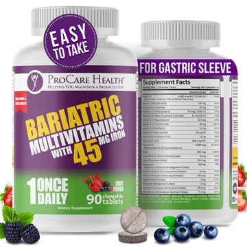 Procare Health Bariatric Multivitamin with Iron 45mg Chewable (90 Tablets) - Fruit Punch Flavor Bariatric Multivitamin Chewable Pills for Gastric Bypass ProCare Health uk supplements