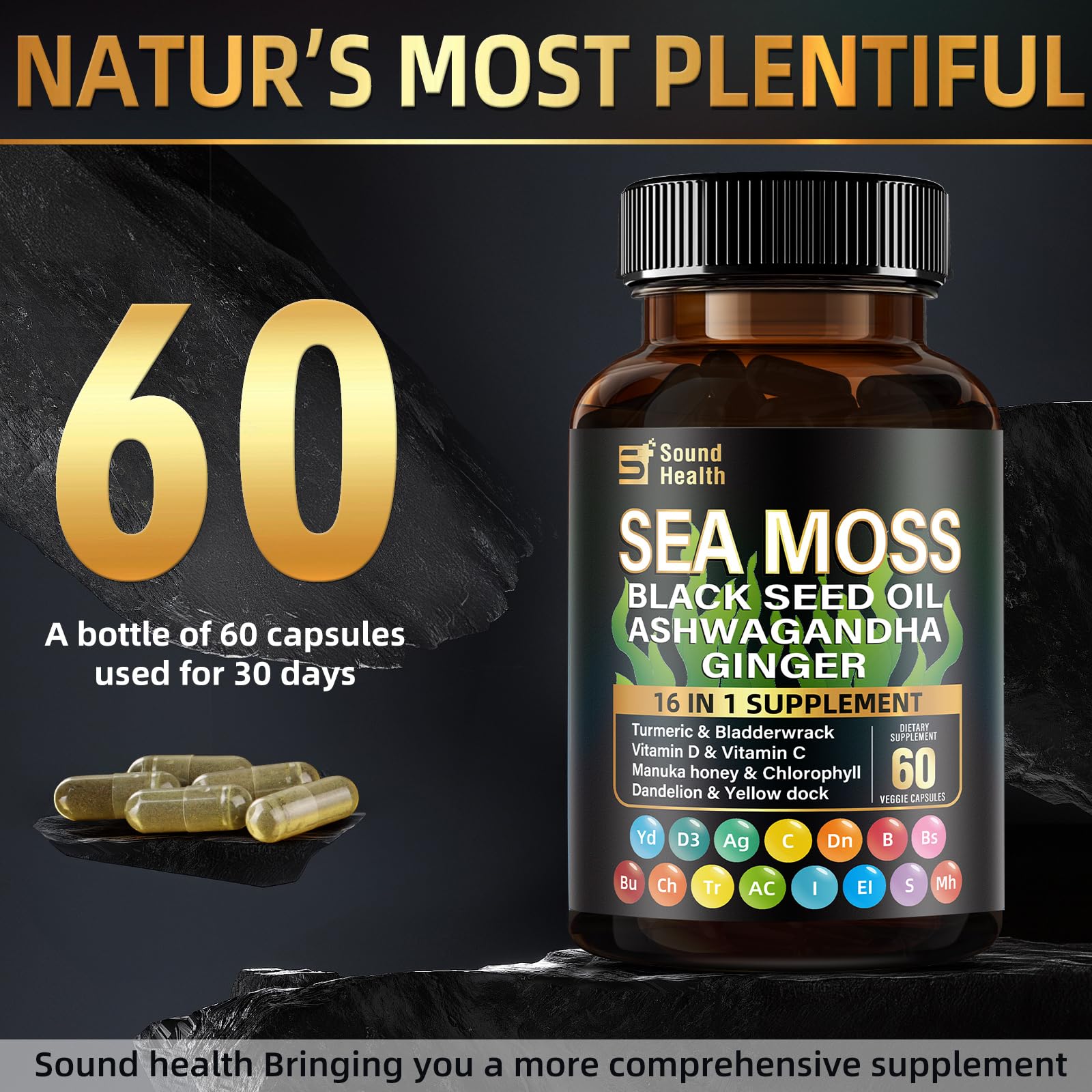 Sea Moss Capsules with Ashwagandha, Turmeric, Bladderwrack, Vitamins C & D for Natural Energy, Sleep Support & Hair Growth, 1200mg Herbal Blend, for Man & Women, Third-Party Tested，16-in-1 Supplement SoundHealth uk supplements