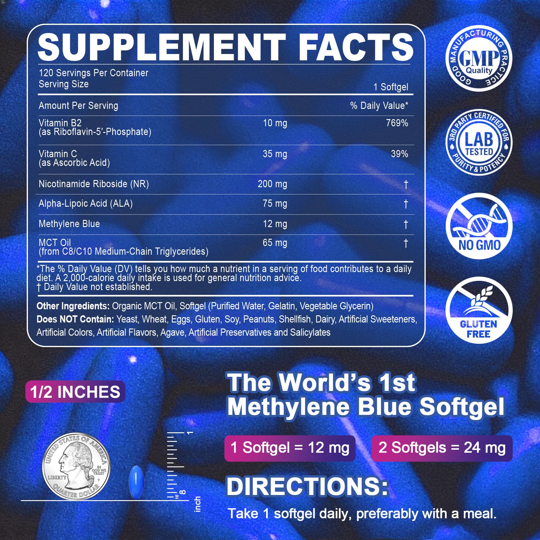 LILICARE Advanced 12mg Methylene Blue Softgels for Humans | Upgraded Brain & Cellular Energy Supplement with CoQ10, NR & ALA | High Absorption Formula, Non-GMO, Mitochondrial & ATP Support, 120 Cts LILICARE uk supplements