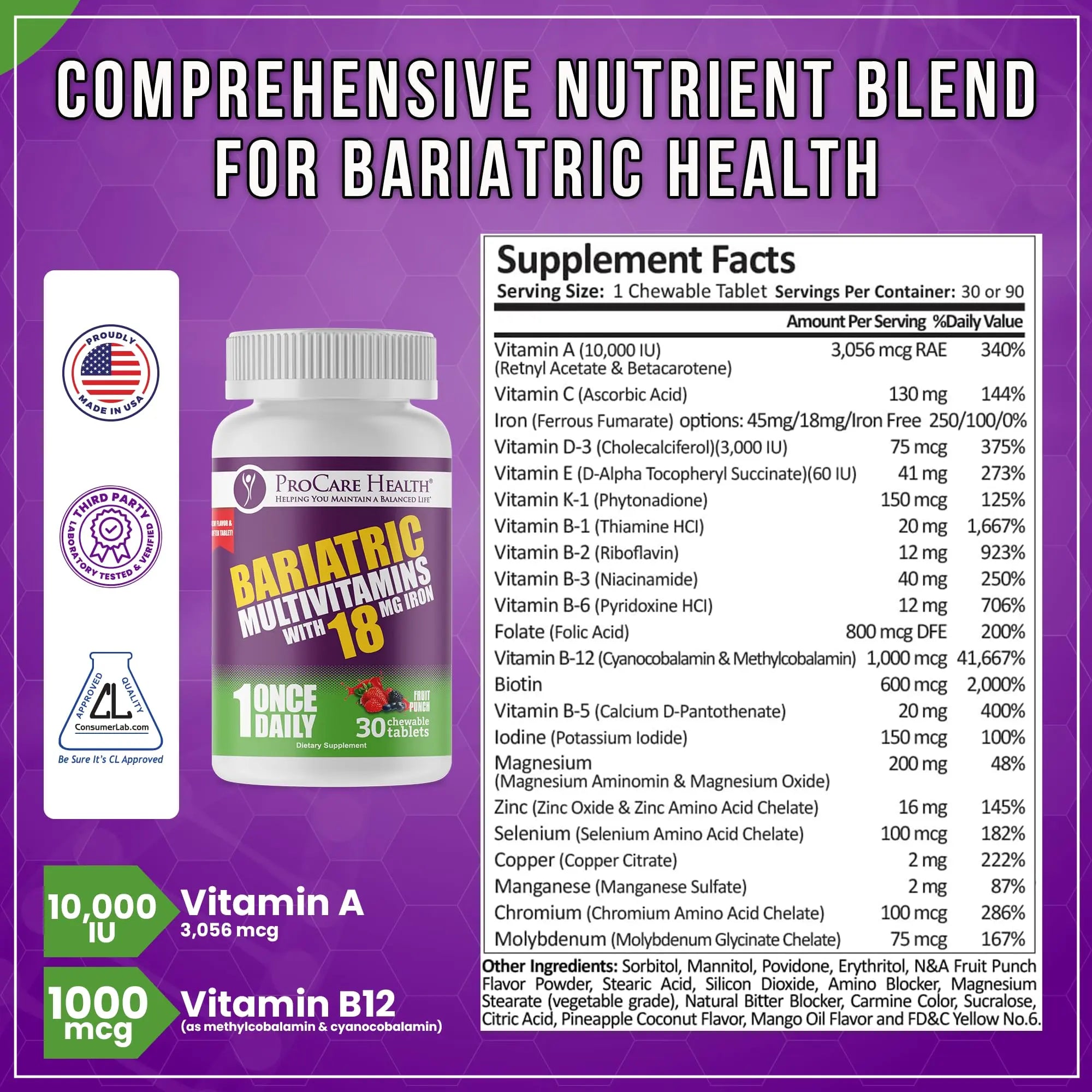 ProCare Health Bariatric Chewable Multivitamin with Iron 18mg (30 Tablets) - Fruit Punch Flavor Bariatric Multivitamin Chewable ProCare Health uk supplements