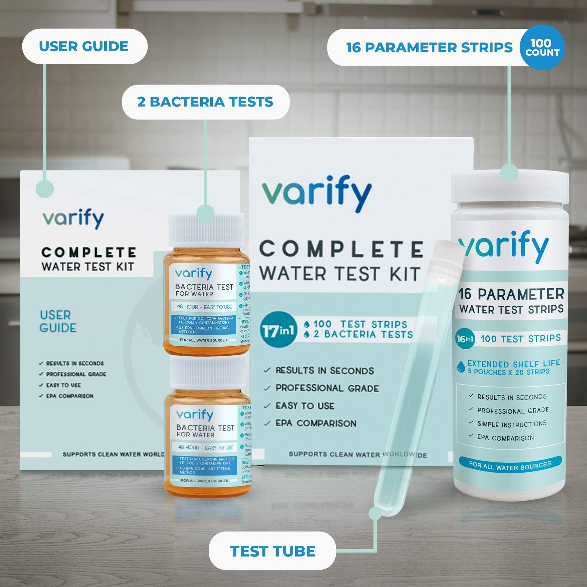 Varify 17in1 Complete Drinking Water Test Kit - 100 Strips + 2 Bacteria Tester Kits - Well, Tap, Home, City Water Testing Strip for Lead, Alkaline, Chlorine, Hardness, Iron, Fluoride, Copper & More VARIFY uk supplements