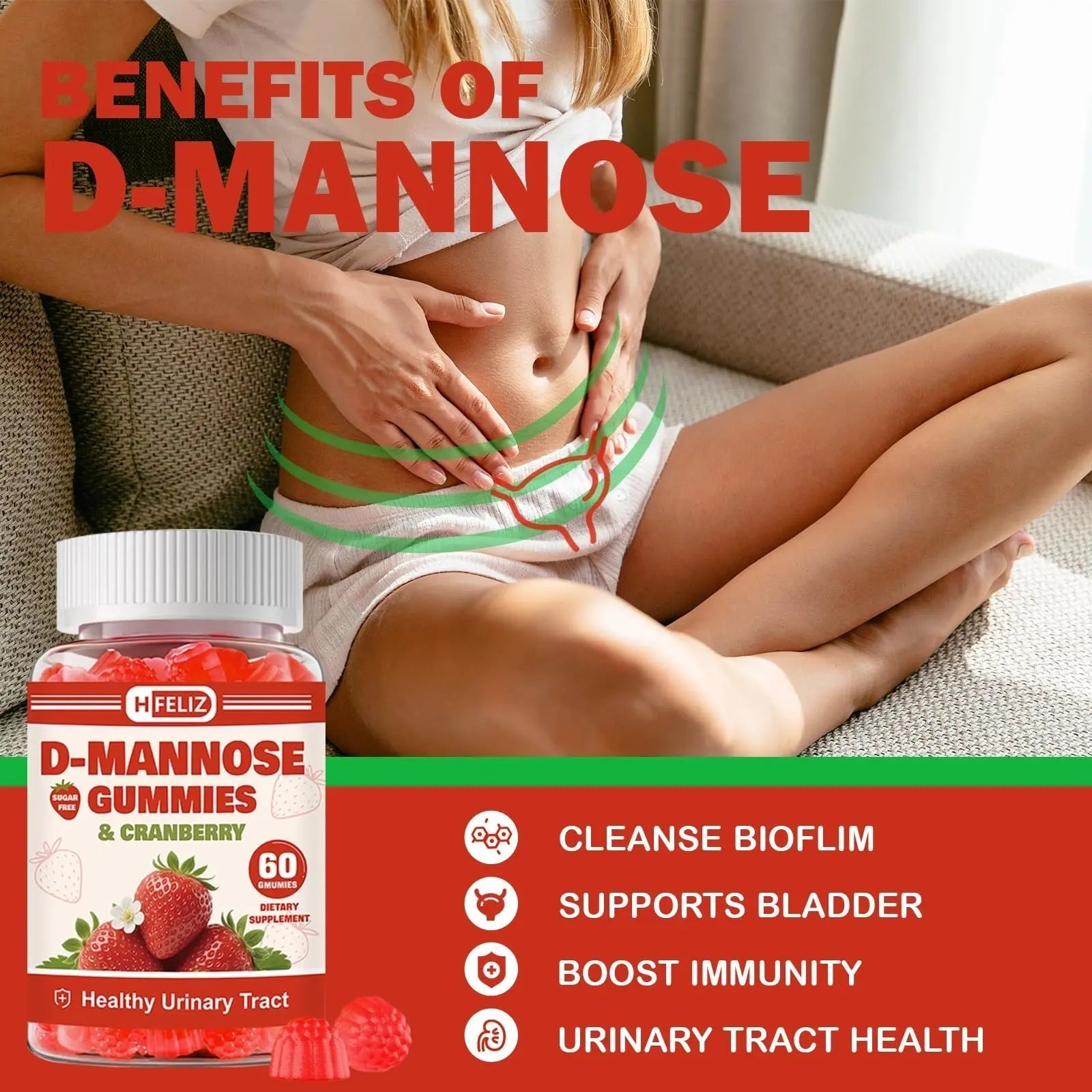 HFELIZ D Mannose with Cranberry Gummies, D-Mannose Supplements 1300mg for Women, Support Natural Urinary Tract & Bladder Health, Sugar-Free, 60 Count HFELIZ uk supplements