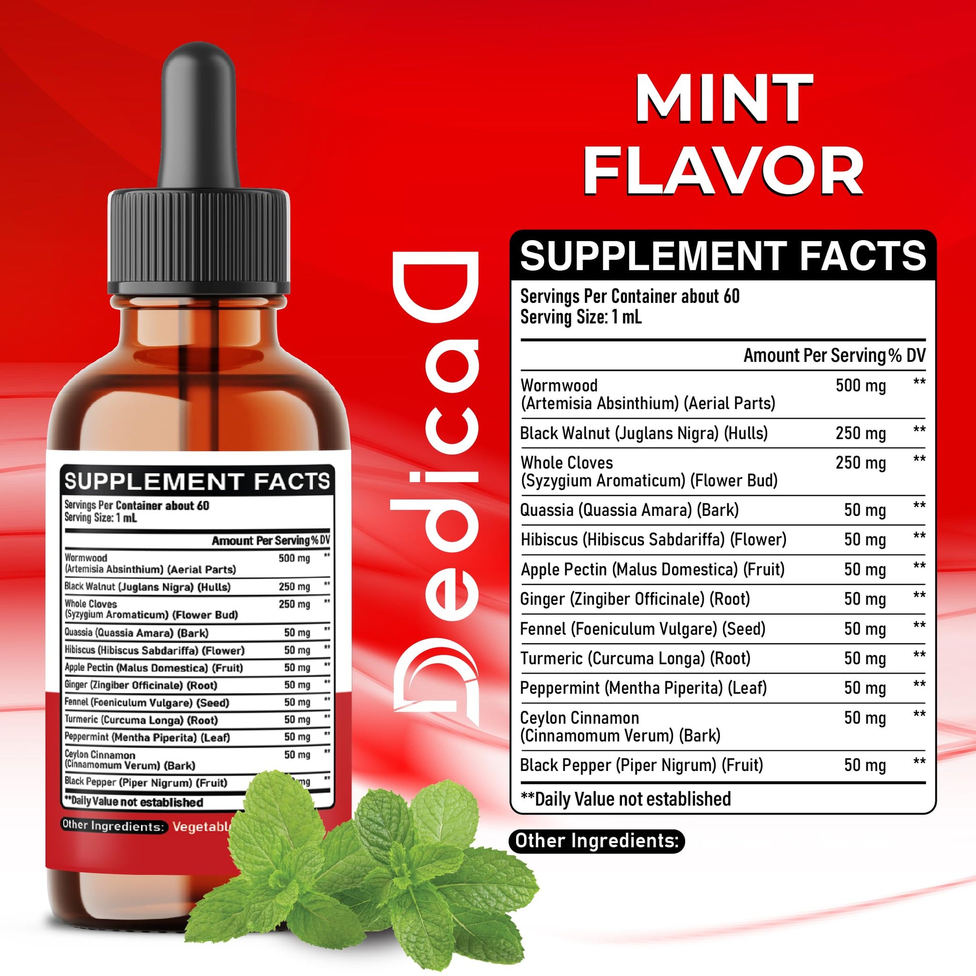 DEDICAD 12in1 Wormwood Liquid Drops Added Black Walnut, Whole Cloves and 9 More Herbs - 2 Fl Oz - 60 Days Supply - Mint Flavor DEDICAD uk supplements