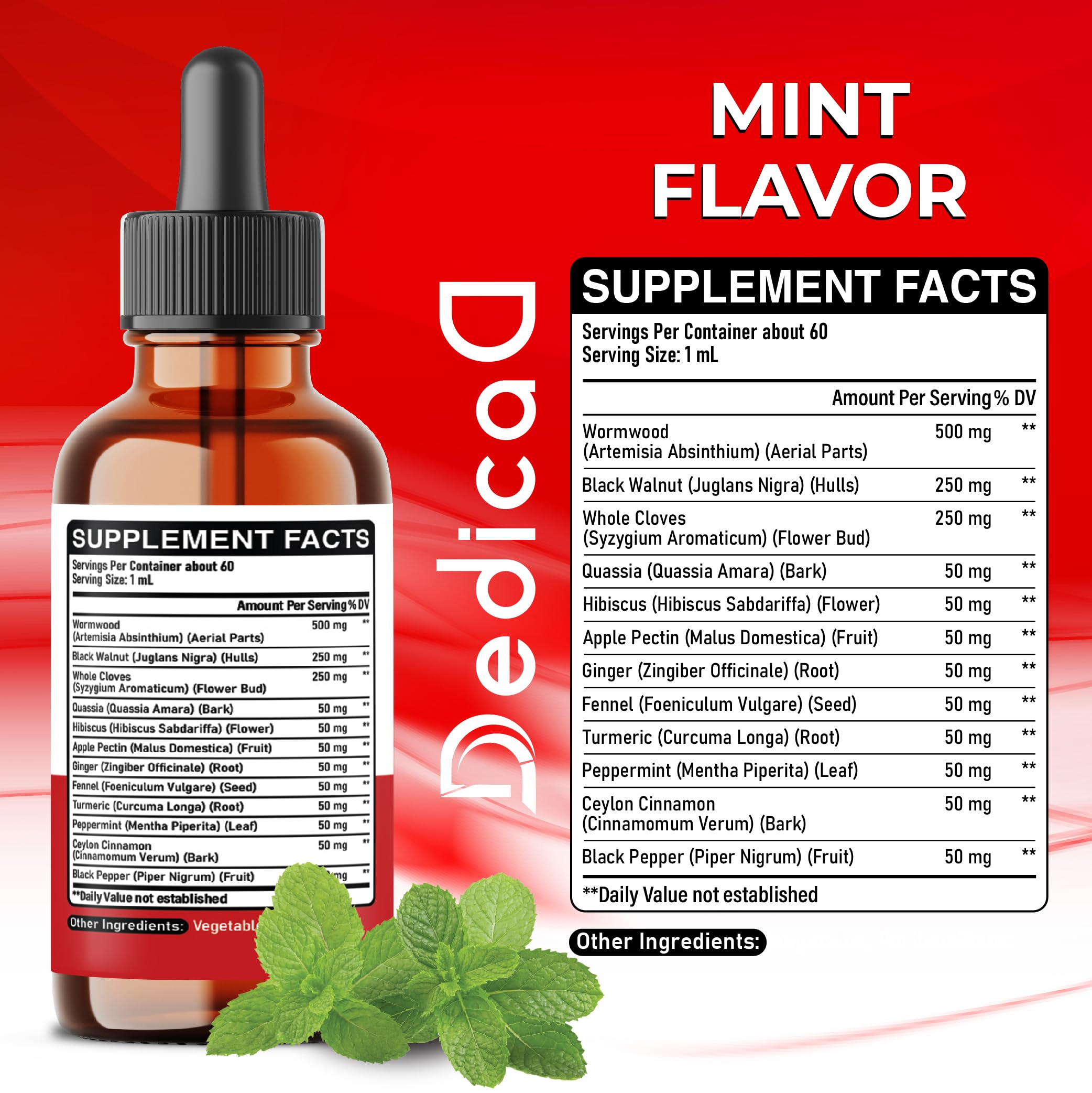 DEDICAD 12in1 Wormwood Liquid Drops Added Black Walnut, Whole Cloves and 9 More Herbs - 2 Fl Oz - 60 Days Supply - Mint Flavor DEDICAD uk supplements