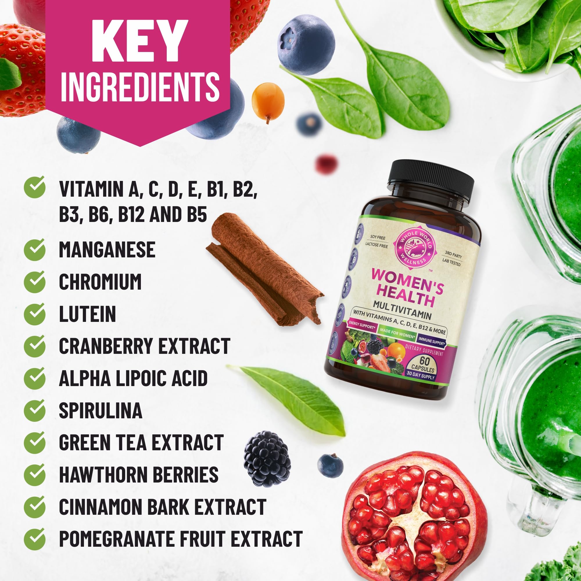 WHOLE WORLD WELLNESS Womens Daily Multivitamin Multimineral Supplement for Energy, Mood, Focus, Hair, Skin & Nails. Made for Women with 30+ Nutrients, Fruit & Energy Blend. Womens Vitamins, USA Made. WHOLE WORLD WELLNESS uk supplements