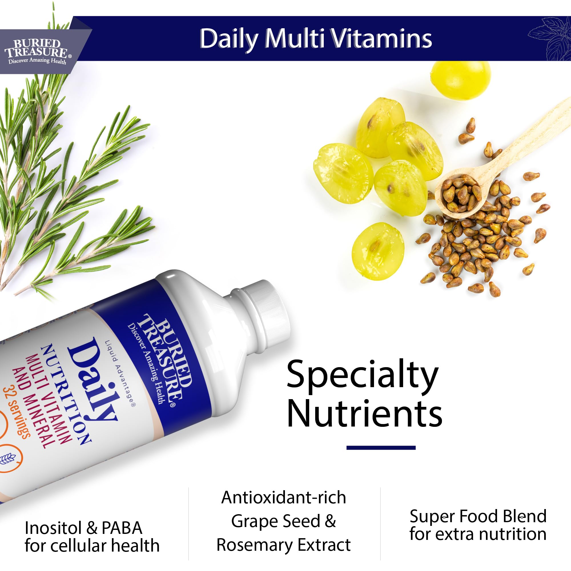 Buried Treasure Daily Nutrition Liquid Multivitamin and Mineral Supplement with Trace Minerals, Superfoods, Vitamin A, B-Complex, C, D, E, Methylfolate, Biotin, Magnesium, Zinc, Resveratrol, 32 serv Buried Treasure uk supplements