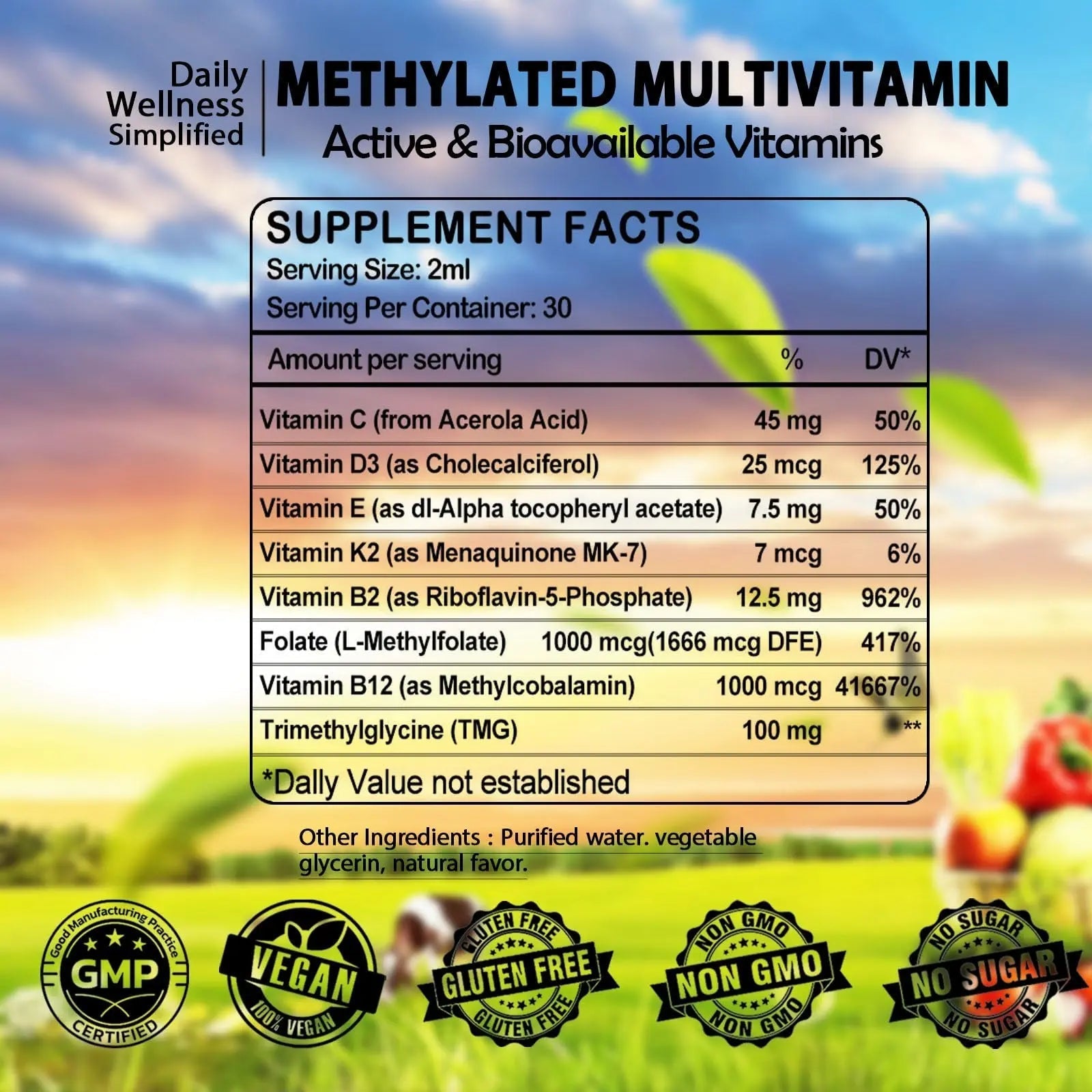 Multivitamin for Women & Men, Methylated Multivitamins & Multiminerals liquid Drops with Methylfolate B12 B2 Vitamin C E D3 K2 GLOVVUUP uk supplements