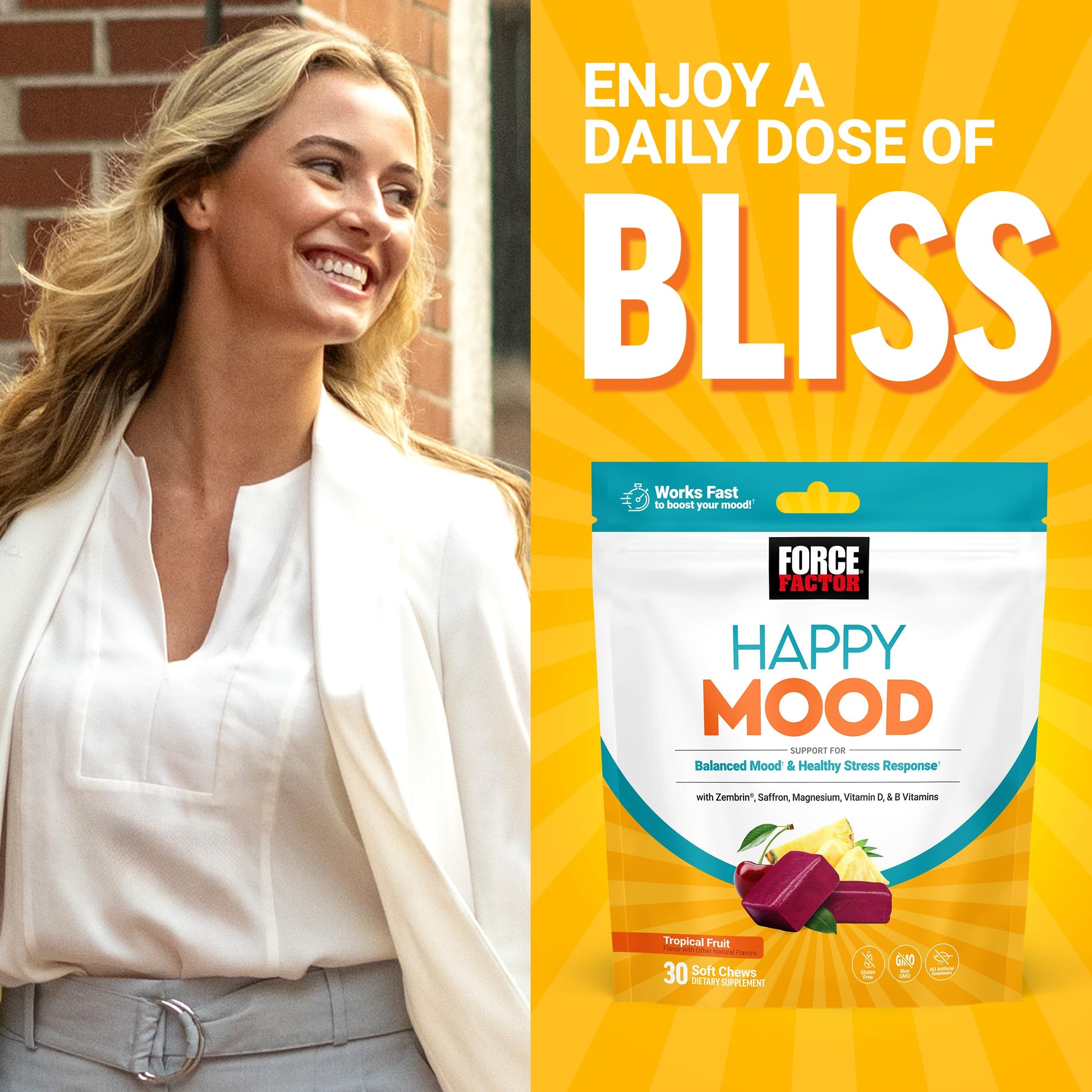 FORCE FACTOR Happy Mood, Mood Support and Mood Balance Supplement to Support Happiness, Positivity, and Stress, Made with Magnesium, Saffron, Zembrin, Non-GMO, Tropical Fruit Flavor, 30 Soft Chews Force Factor uk supplements
