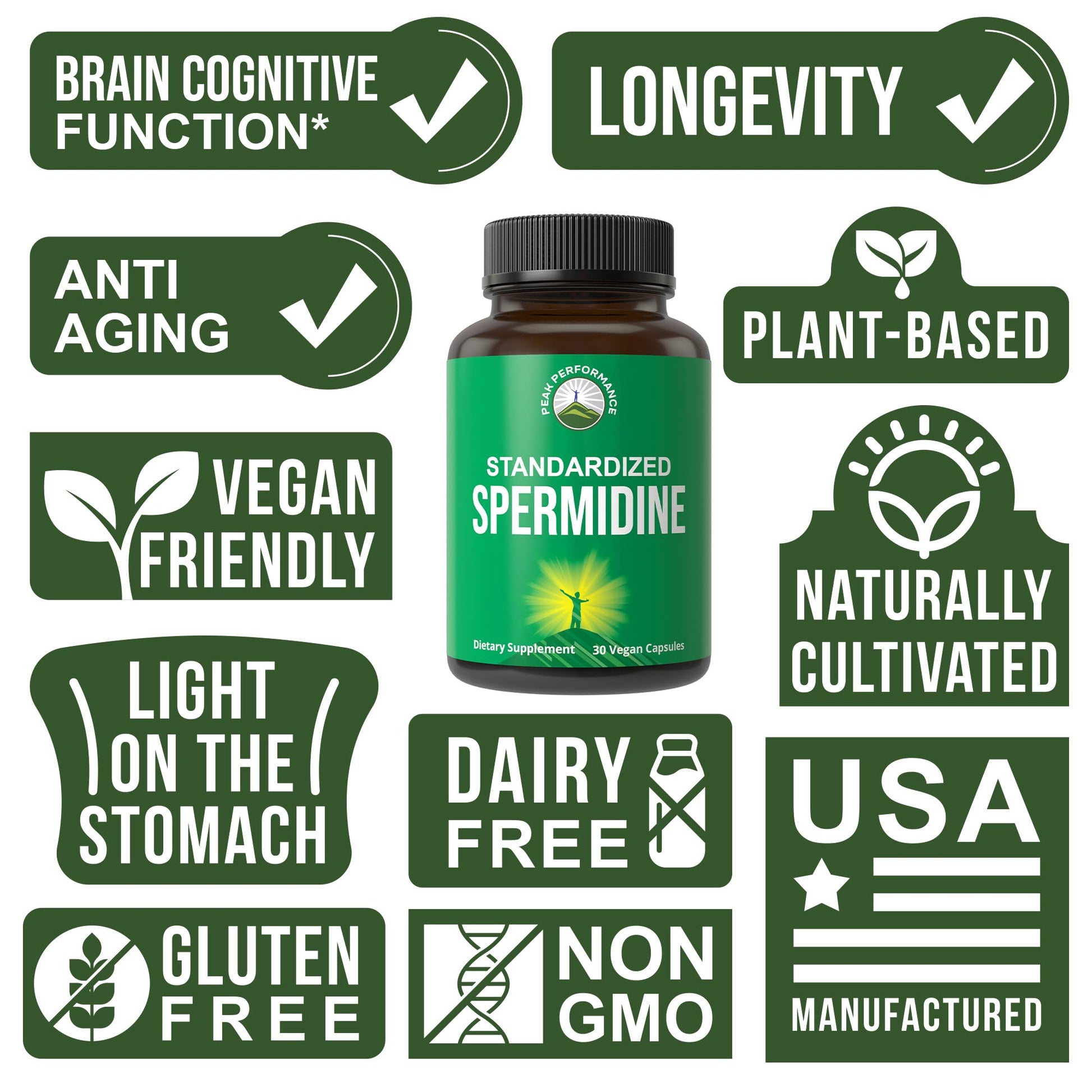 Spermidine Supplement Ultra High Strength Standardized to 99% Spermidine Trihydrochloride. More Potent Than Wheat Germ Extract. Vegan Capsules for Healthy Aging, Longevity. USA Tested Supplements Peak Performance uk supplements