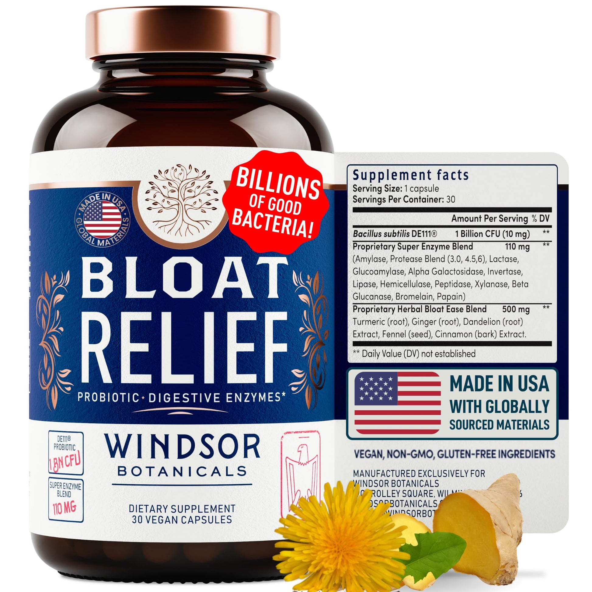 Bloat Relief Probiotic and Digestive Enzymes - Anti Bloating Turmeric, Fennel, Bromelain IBS Supplement - Detox Debloat Capsules Gas - Bloating Relief for Women and Men - 30 Gut Health Pills WINDSOR BOTANICALS uk supplements
