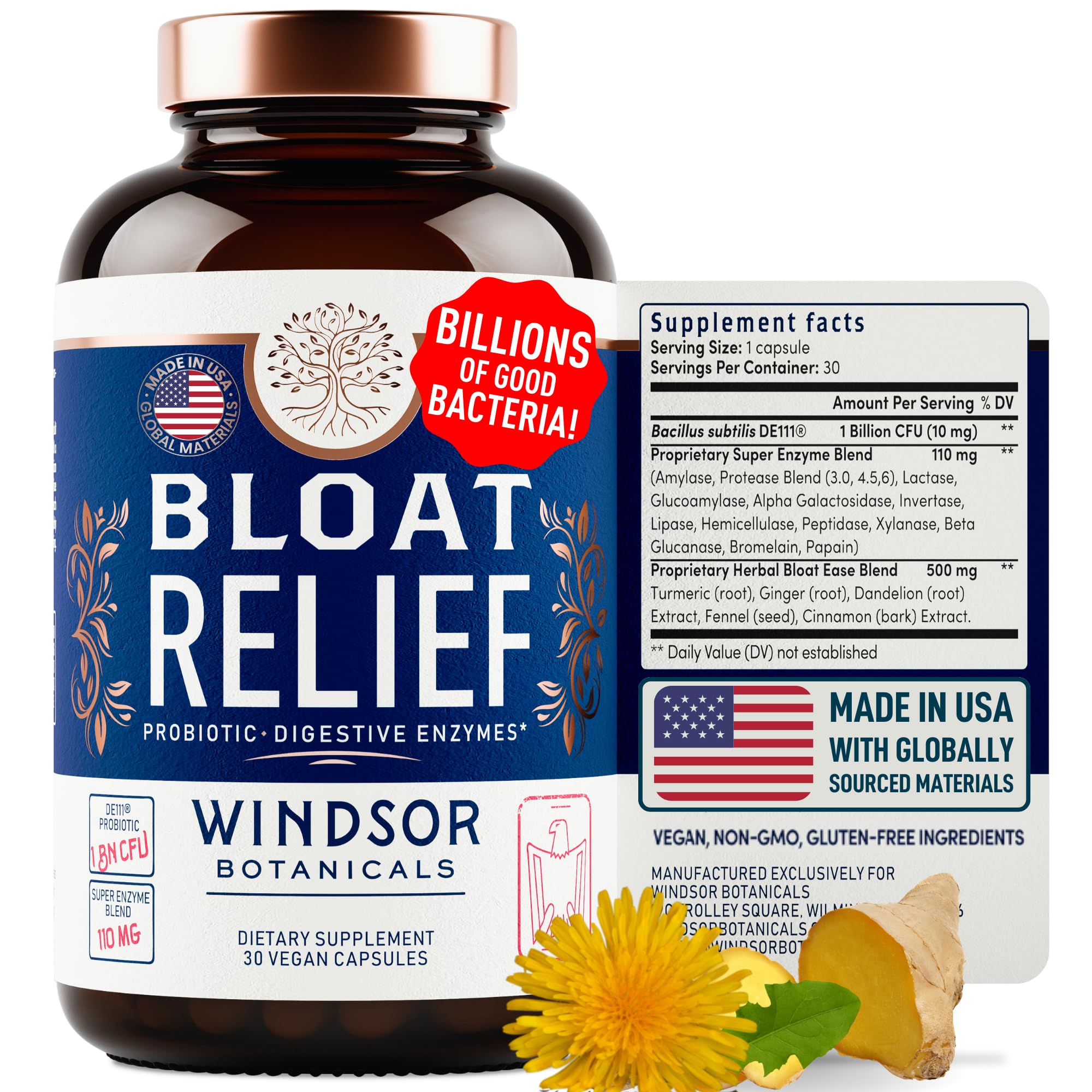 Bloat Relief Probiotic and Digestive Enzymes - Anti Bloating Turmeric, Fennel, Bromelain IBS Supplement - Detox Debloat Capsules Gas - Bloating Relief for Women and Men - 30 Gut Health Pills WINDSOR BOTANICALS uk supplements