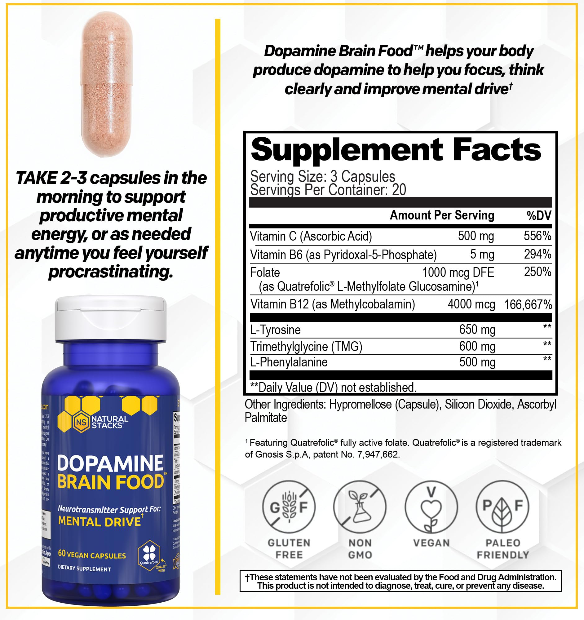 NATURAL STACKS Dopamine Brain Food + Magtech Magnesium Bundle - Chelated Magnesium Complex - Supports Brain Health & Mental Drive* - 150 Total Capsules NATURAL STACKS uk supplements