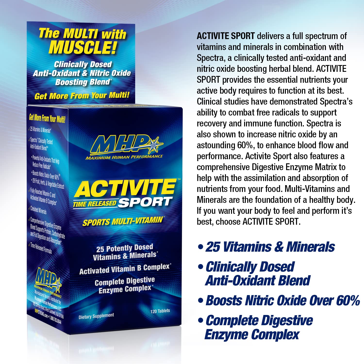 MHP Activite Sport Multi Vitamin, 25 Vitamins and Minerals, Nitric Oxide Booster, Digestive Enzymes, Antioxidants, 120 Tablets Maximum Human Performance uk supplements