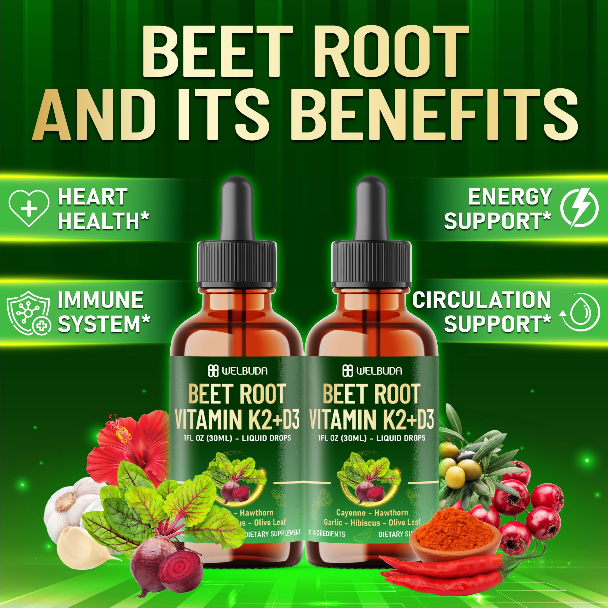 11in1 Beet Root Liquid Supplement - for Support Immune, Energy - with Vitamin D3, Vitamin K2, Hawthorn Berry, Cayenne Pepper, Garlic, Hibiscus, Olive, Red Spinach, Green Tea - 1 FL Oz - 30 Servings WELBUDA uk supplements
