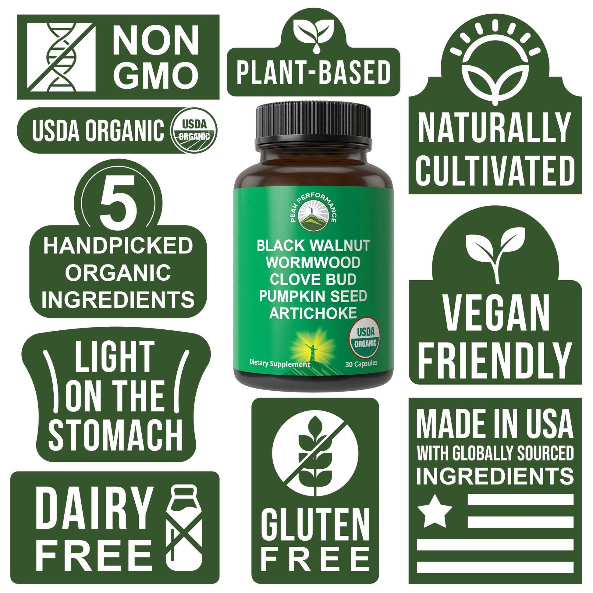 USDA Organic Wormwood Black Walnut Clove Cleanse for Humans. Elimination Detox + Intestinal Support Capsules Supplement for Adults and Kids. Pills with Artichoke and Pumpkin Seed for Added Benefits Peak Performance uk supplements