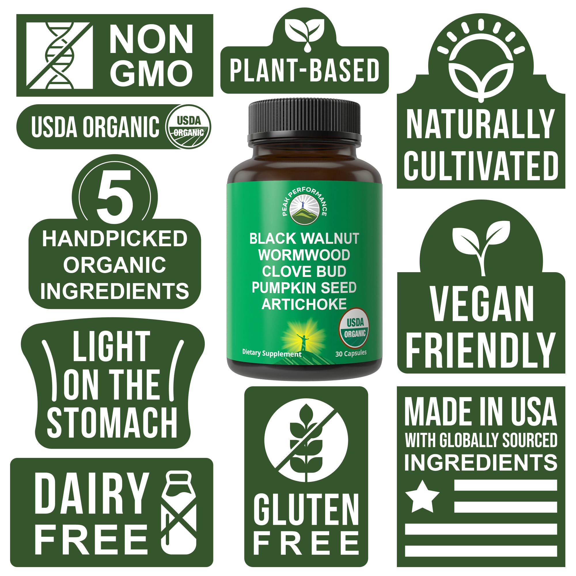USDA Organic Wormwood Black Walnut Clove Cleanse for Humans. Elimination Detox + Intestinal Support Capsules Supplement for Adults and Kids. Pills with Artichoke and Pumpkin Seed for Added Benefits Peak Performance uk supplements