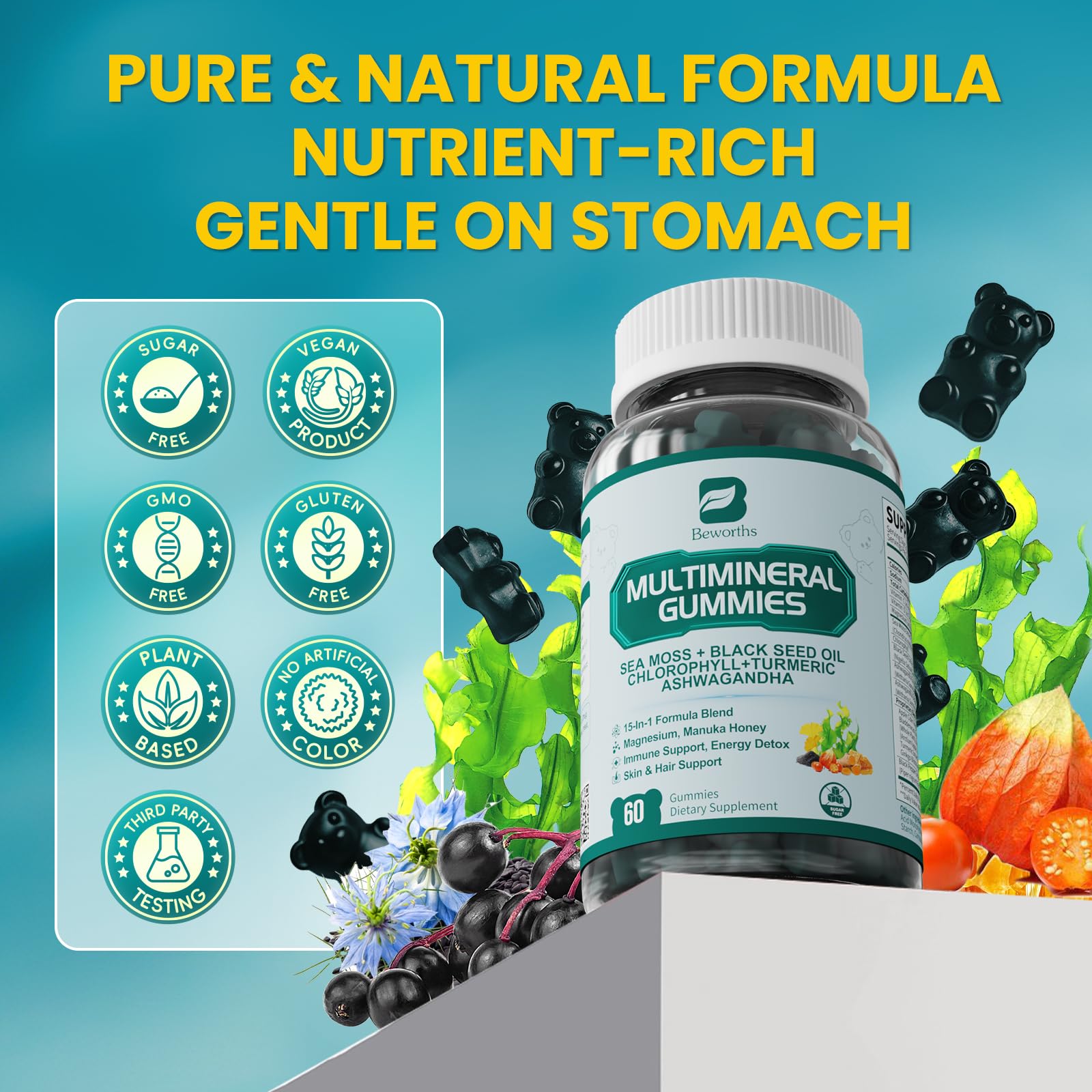 Sea Moss Gummies with Ashwagandha & Chlorophyll, Immune, Digestive and Gut Detox Support, Powered by Black Seed Oil, Vitamin C, Vitamin D & Magnesium, GMO, Vegan, Apple Flavor, 60 SeaMoss Gummies B BEWORTHS uk supplements