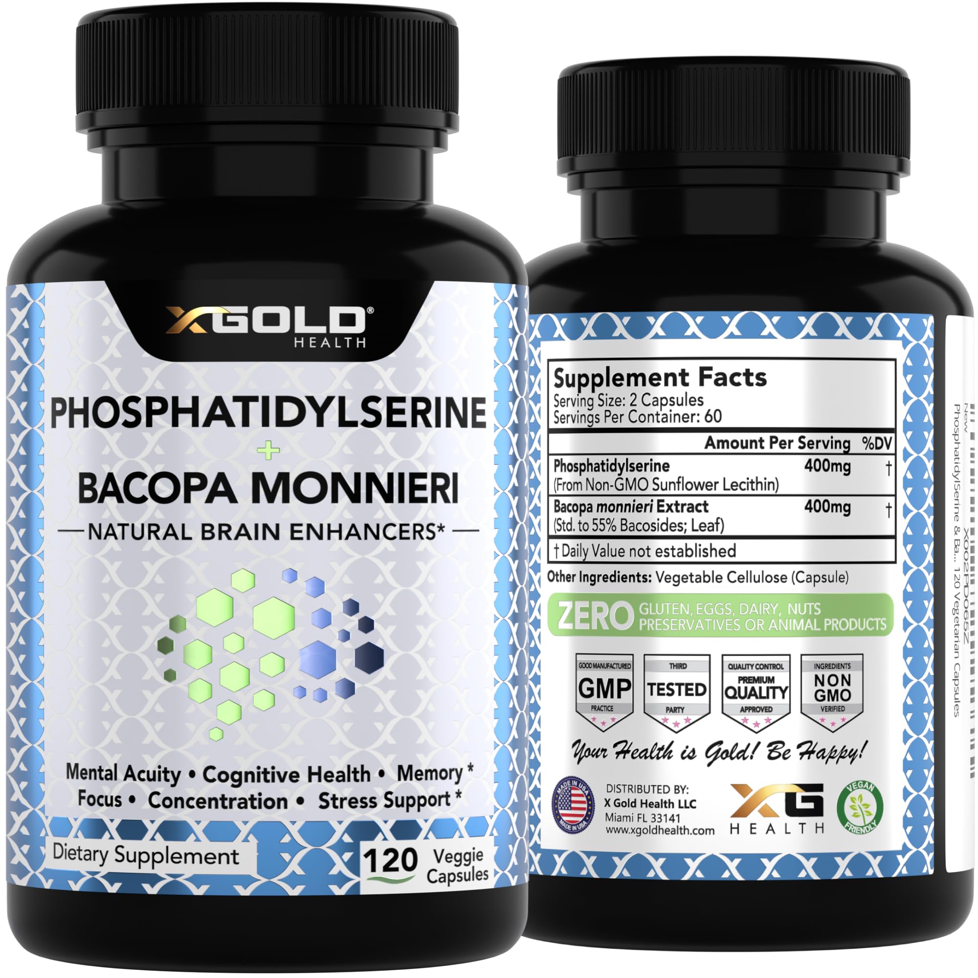 PhosphatidylSerine & Bacopa Monnieri 800 mg 2 in 1 Supplement - Natural Brain Enhancer/Nootropic for Enhanced Focus and Concentration, Memory Support, & Cognitive Function - 120 Vegetarian Capsules X Gold Health uk supplements