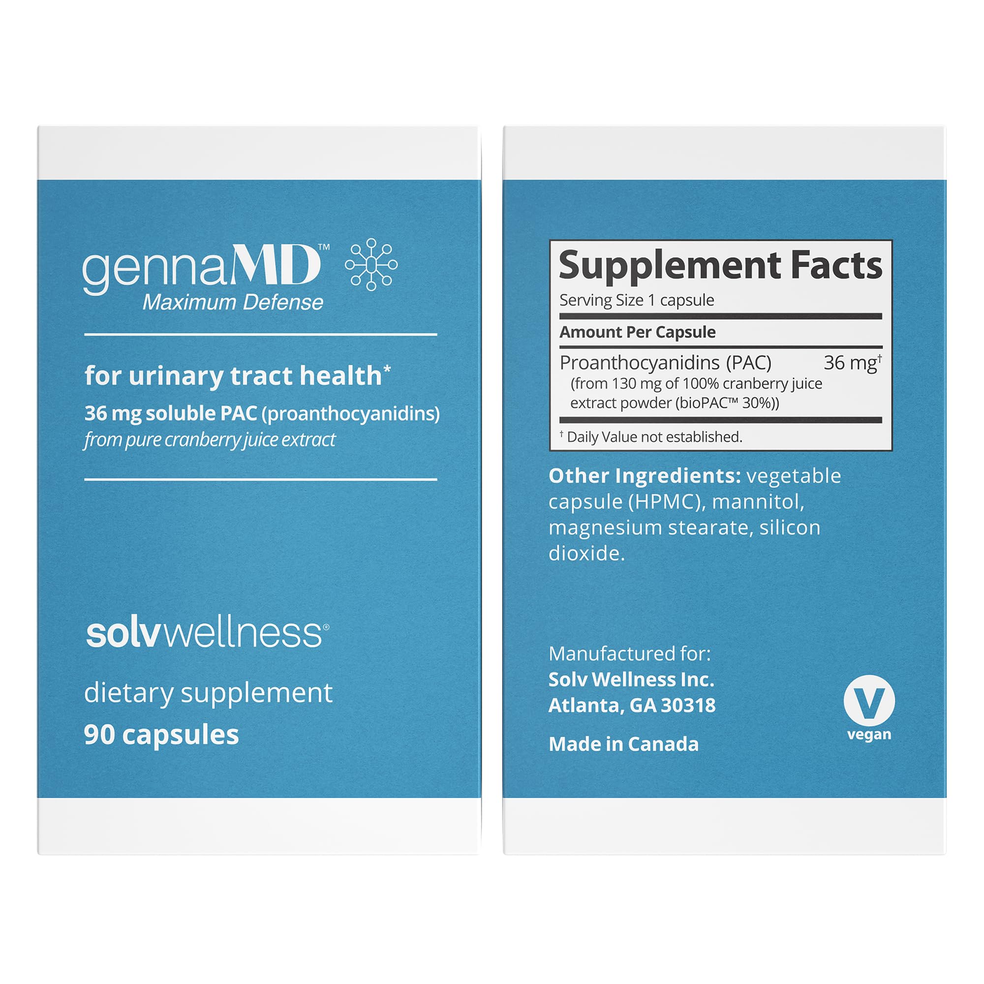 Solv Wellness GennaMD - Maximum UTI Defense - 36 mg Soluble PAC from 100% Cranberry Juice Extract - Highest PAC Concentration in a Small, Easy-to-Swallow Capsule - 90 Capsules Solv Wellness uk supplements