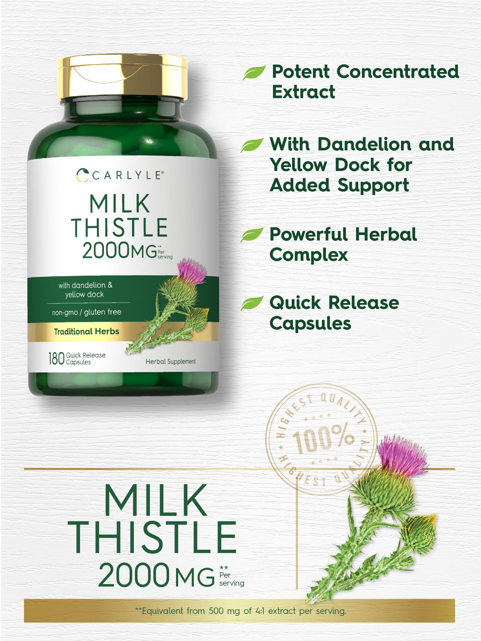 Carlyle Milk Thistle 2000mg | 180 Capsules | with Dandelion & Yellow Dock | Non-GMO Carlyle uk supplements