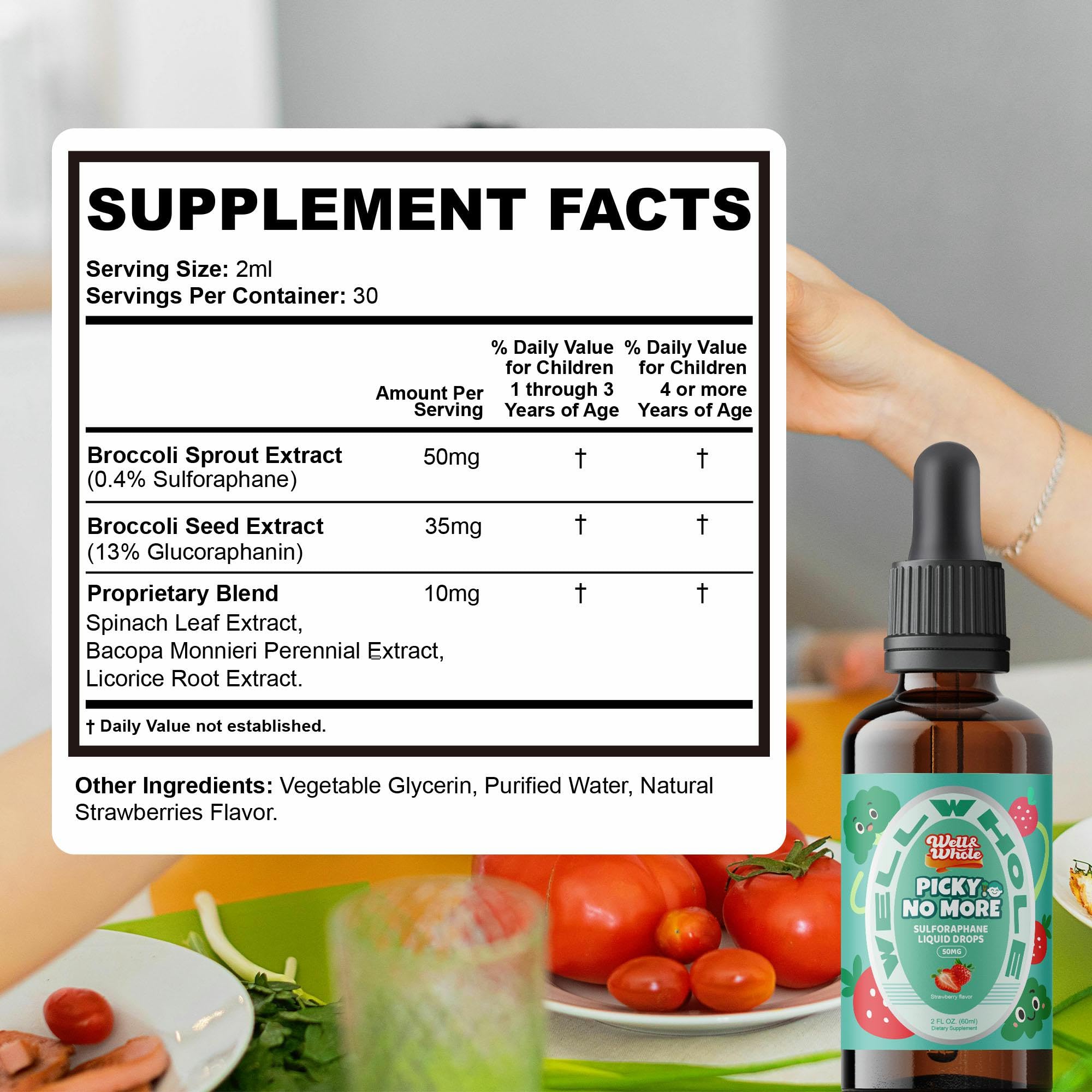 Well&Whole Sulforaphane Kids Liquid Supplement – Pick No More Broccoli Sprout Extract Drops, Hidden Greens for Picky Eaters, Daily Nutrition Support, Sugar-Free, Vegan, 60mL Well&Whole uk supplements