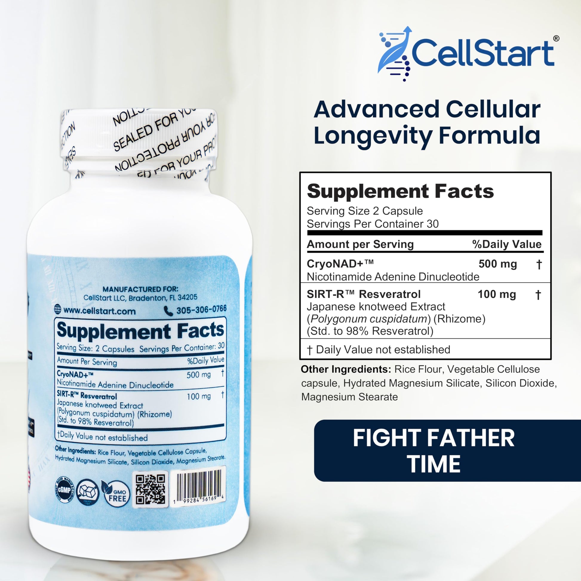 CellStart NAD+ Resveratrol Supplement 60 Capsules of 500mg | Anti Aging & Cellular Support Supplements for Women & Men - NAD Supplement Made in USA, (1-Month Supply) CellStart uk supplements