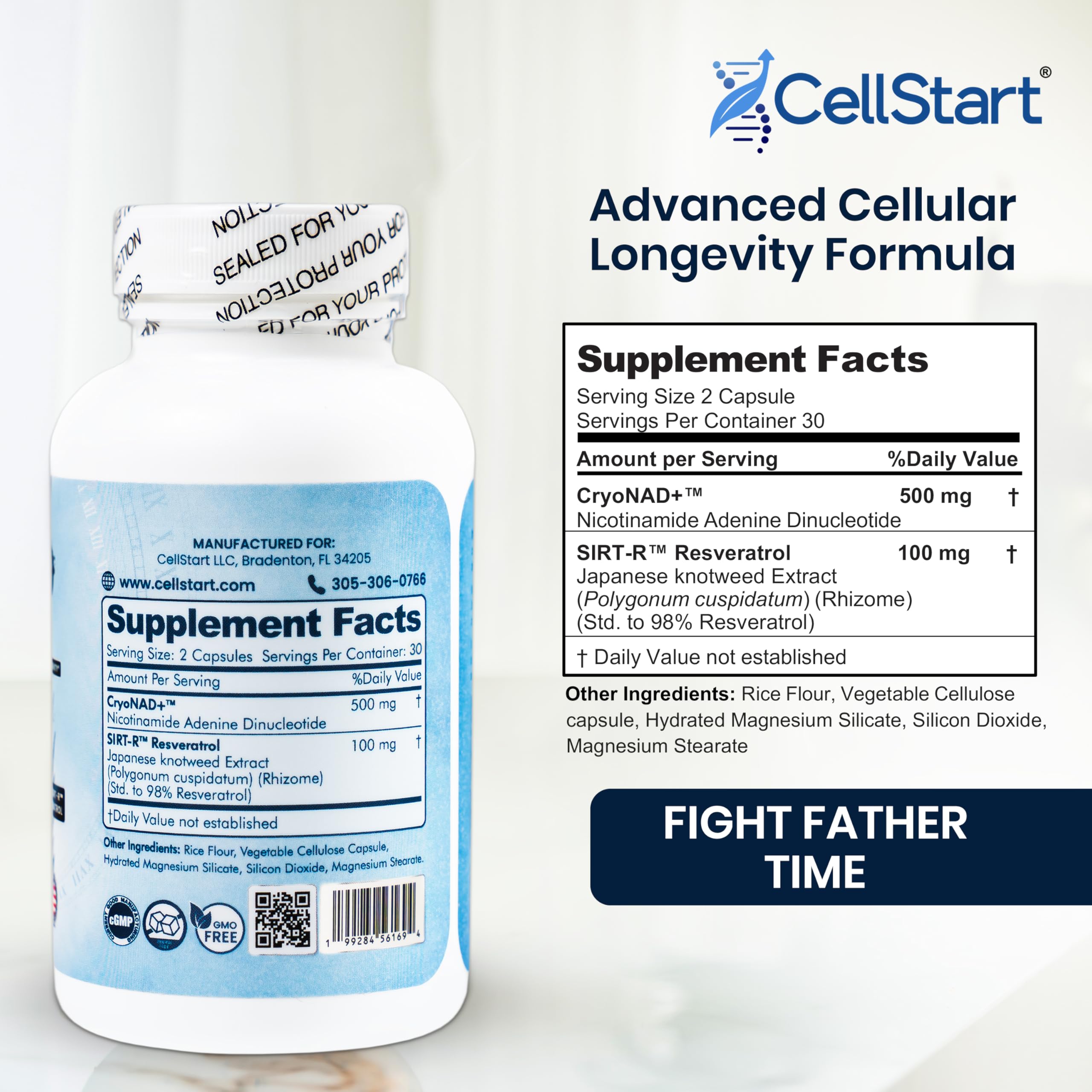 CellStart NAD+ Resveratrol Supplement 60 Capsules of 500mg | Anti Aging & Cellular Support Supplements for Women & Men - NAD Supplement Made in USA, (1-Month Supply) CellStart uk supplements