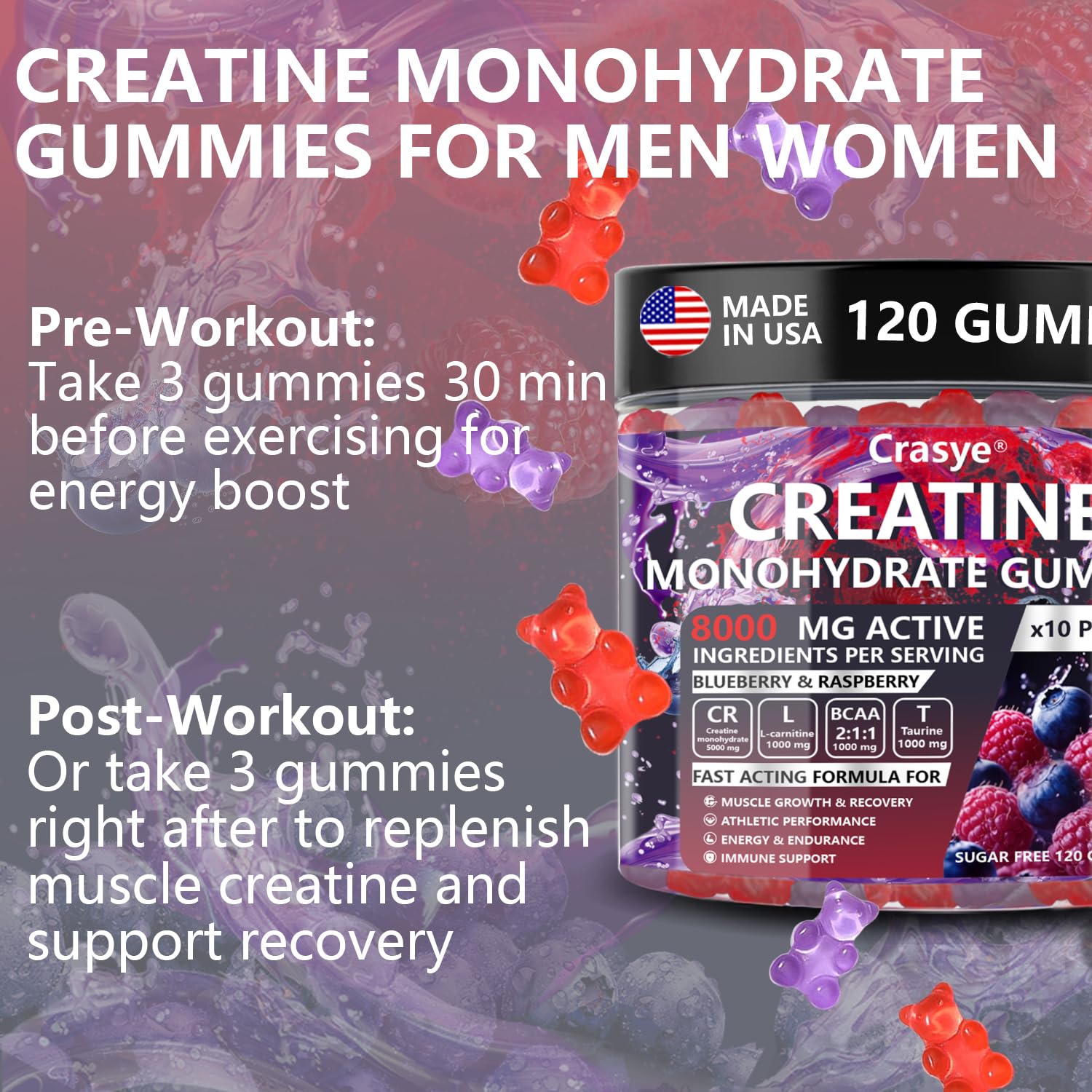 Crasye Creatine Gummies Complex 8000mg for Men and Women Creatine Monohydrate Gummy with BCAA Taurine for Muscle Strength and Energy Boost Sugar Crasye uk supplements