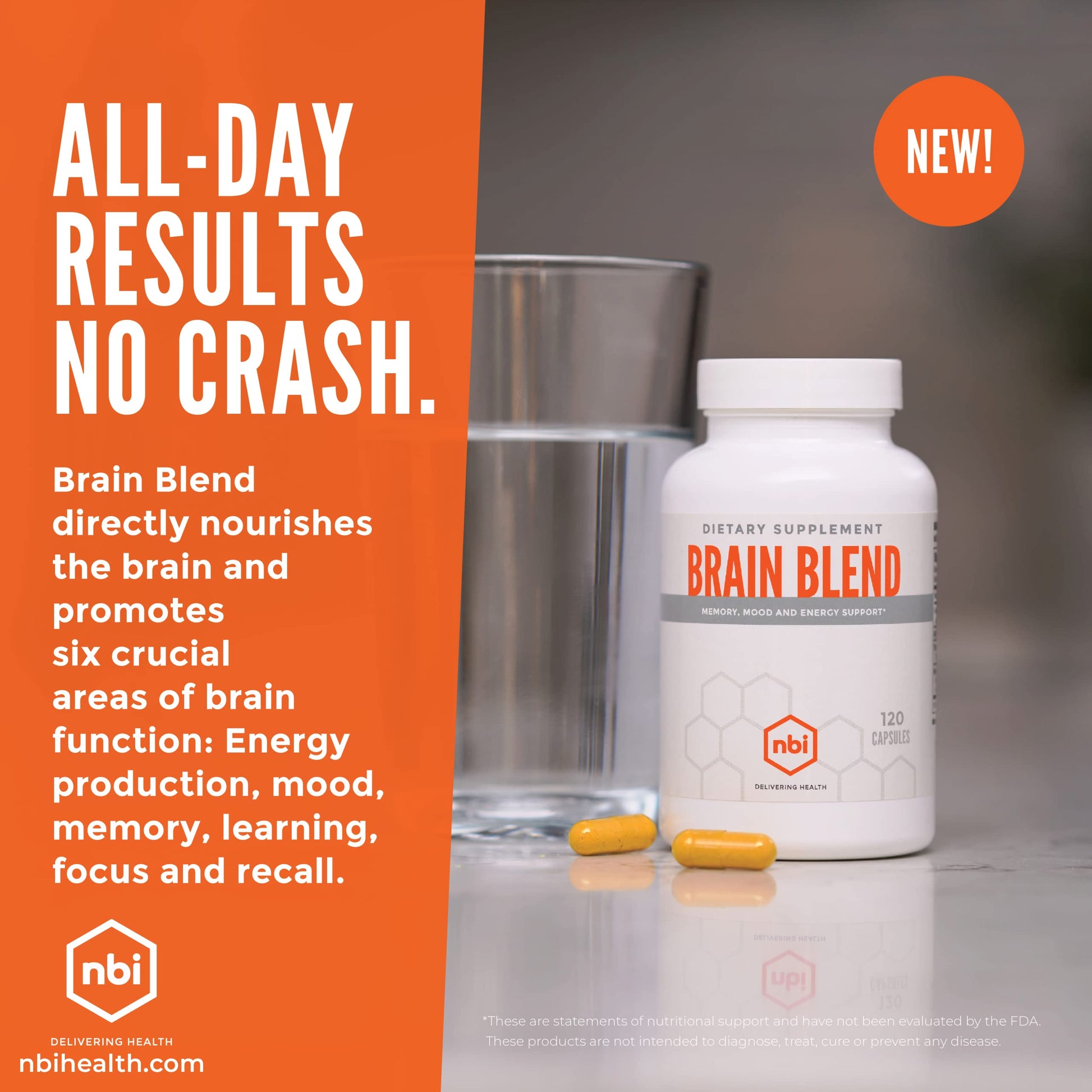 NBI Brain Blend for Memory, Focus, Concentration, Cognitive Function for Men & Women | Caffeine-Free with ALCAR, Alpha Lipoic Acid, Huperzine A, Turmeric | Nootropic | 120ct Capsules NBI uk supplements